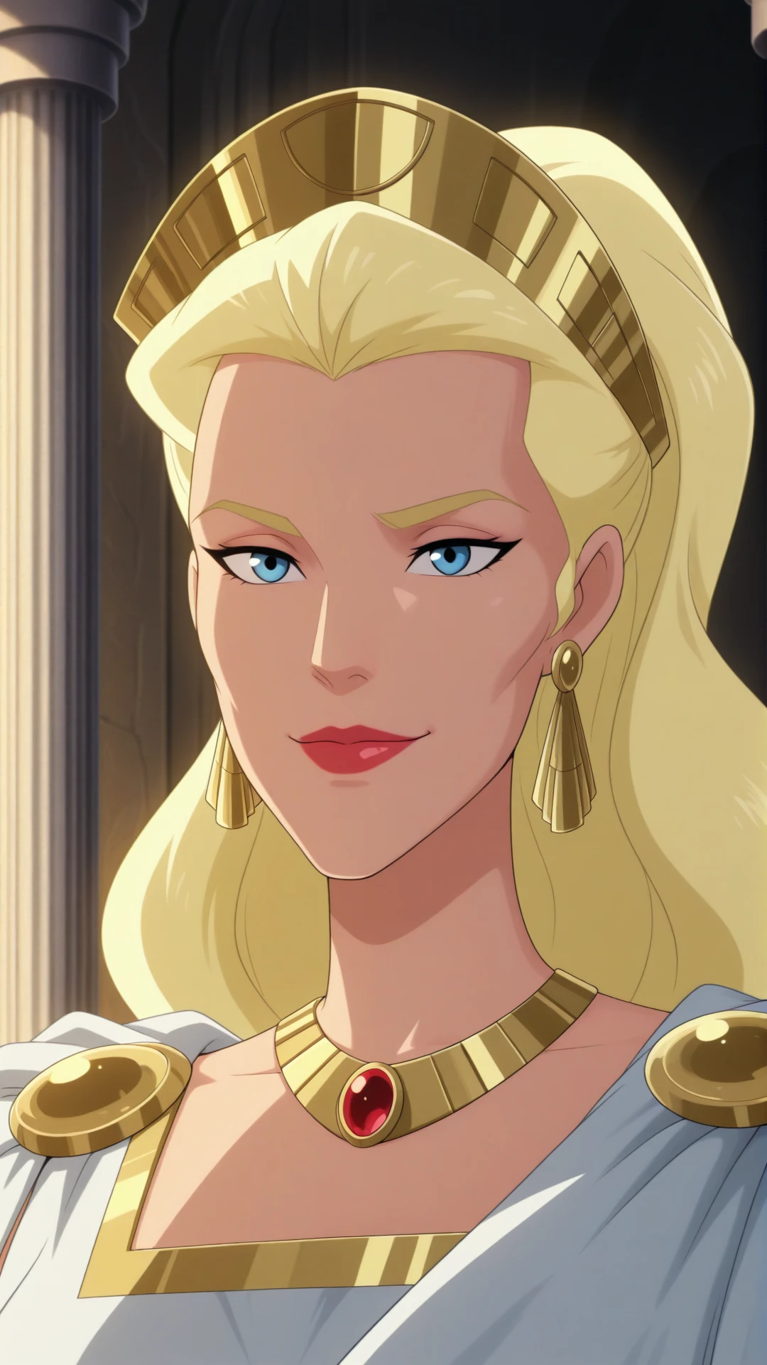 anime coloring, dramatic lighting, intricate details, masterpiece, best quality, absurdres, depth, Hippolyta_XL, jewelry, earrings, necklace, hair pulled back, hair slicked back, crown, cheekbones, high cheekbones, ponytail, 1girl, solo, closed mouth, jewelry, earrings, makeup, lipstick, headdress, pillar, scene reference, column, lipstick, red lips, smile, looking at the viewer, toga, greek clothes <lora:Hippolyta_XL-05:0.9>
