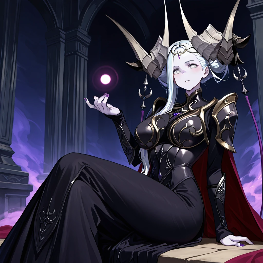 A sexy enchantress,solo,silver hair,There are two horns on the head,Wear a dark red bow,Wearing a black and purple evening gown and skirt with fuzz,Sit elegantly in a chair,The surrounding environment is a dark classical room。Full Moon Night Style,Medium shot composition, Characters and scenes, game concept art style, Anime illustration style, anime style, Classicism, anime, Conceptual art, tachi-e, close-up, 4K, masterpiece, UHD, high details, high quality, anatomically correct