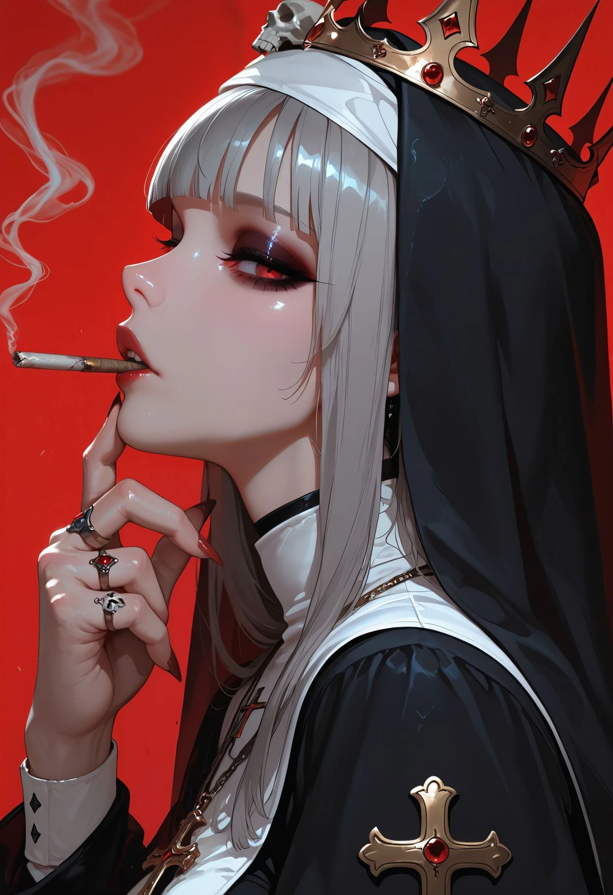 masterpiece, best quality,  very aesthetic, absurdres, newest, depth of field,realistic, goth girl  <lora:gothic_niji_style_ilxl_goofy:0.8>
1girl, sharp fingernails, red background, habit, profile, skull, nun, jewelry, looking at viewer, from side, crown, simple background, parted lips, upper body, grey hair, cross necklace, blunt bangs, long fingernails, red nails, ring, eyeshadow, makeup, smoke, cigarette, multiple rings, bone, blood, hand on own chin, smoking