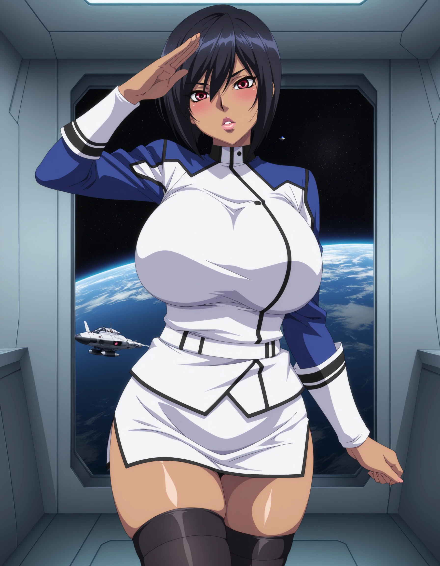 masterpiece,good quality,best quality,shadow,Naomi Evans,standing,cowboy shot,legs together,hands,1girl,solo,salute,full body,looking at viewer,head tilt,parted lips,determined,blush,black hair,short hair,red eyes,bangs,thick lips,military uniform,white miniskirt,black thighhighs,skindentation,curvy,huge breasts,thighs,indoors,spacecraft,window,space,earth \(planet\),<lora:anime_screencap:1>,anime screencap,anime coloring,kangoku senkan,5 fingers,lazypos,lazynsfw,shiny skin,<lora:Evans_Naomi_Kangoku_Senkan:0.8>,