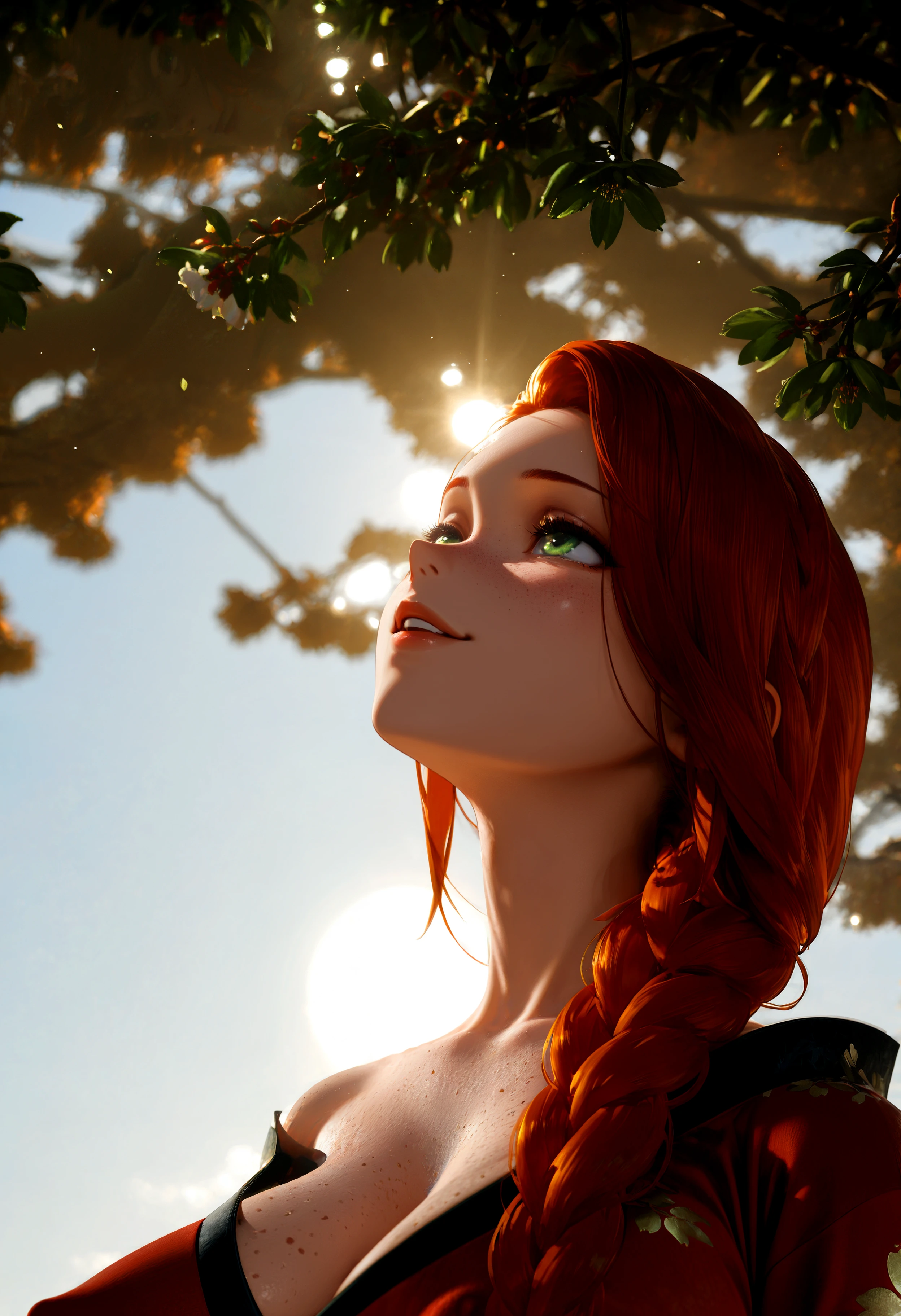 HDR, 8K, high contrast, masterpiece, best quality, amazing quality, very aesthetic, superabsurd res, high resolution, ultra-detailed, absurdres, newest, scenery, light rays, chiaroscuro, portrait, close up, wide angle, breast focus, solo, ripples_scarlett, 1girl, freckles, green eyes, long hair, dark orange hair, single braid, braided ponytail, huge breasts, body freckles, kimono, one shoulder exposed, heavy breasts, sagging breasts, covered nipples, sakura tree branch, sakura blossoms, floating, bright sunlight, dappled light, blurry sky background, falling petals, flower, blurry foreground, seductive, looking away, seductive smile, bedroom eyes, seductive eyes, half closed eyes, looking up, golden hour, outside, day, backlighting, partially illuminated, light particles, dramatic shadows, cinematic lighting, <lora:IL\touching_grass_v0.2:0.8> <lora:IL\KMS_Ripples_Scarlett_IL-000003:1>