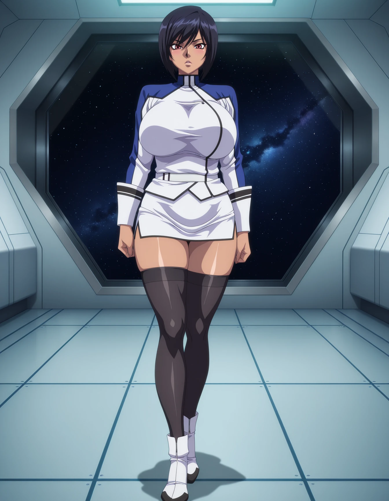 masterpiece,good quality,best quality,shadow,Naomi Evans,on floor,1girl,mature female,solo,black hair,short hair,red eyes,bangs,military uniform,white miniskirt,black thighhighs,lace trim,white ankle boots,curvy,huge breasts,thick thighs,indoors,spaceship,window,space,metal room,full body,standing,sleeve cuff,<lora:anime_screencap:1>,anime screencap,anime coloring,kangoku senkan,5 fingers,lazypos,lazynsfw,shiny skin,<lora:Evans_Naomi_Kangoku_Senkan:1>,