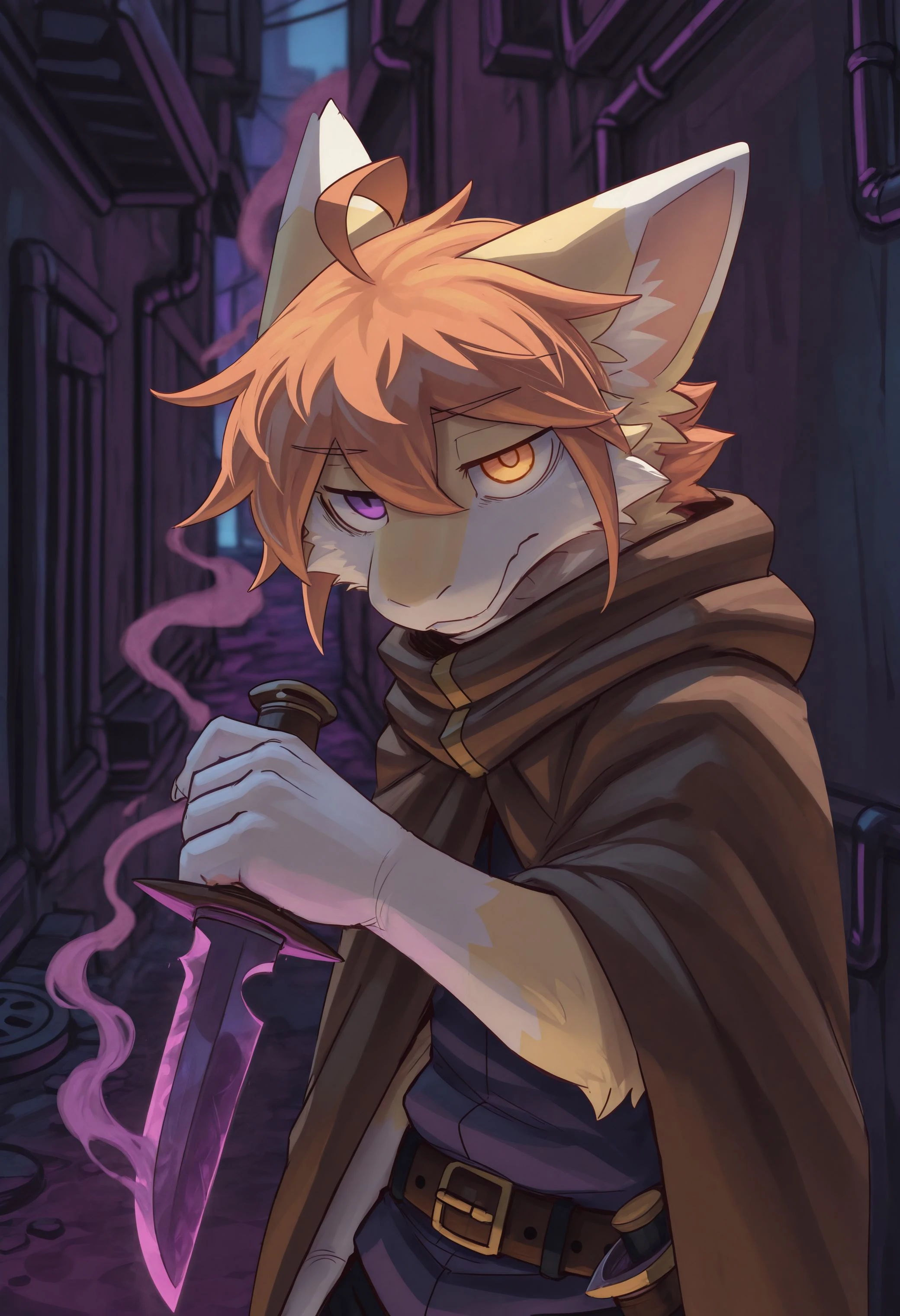 best quality, amazing quality, very aesthetic, absurdres, newest, kuttoyaki, male focus, furry, furry male, 1boy, solo, ahoge, orange hair, heterochromia, left purple eye, right orange eye, brown cape, holding dagger, purple smoke, eery glow, alley, blurry background, simple background, looking at viewer, <lora:Kutto_Kuttoyaki_Illustrious:1>