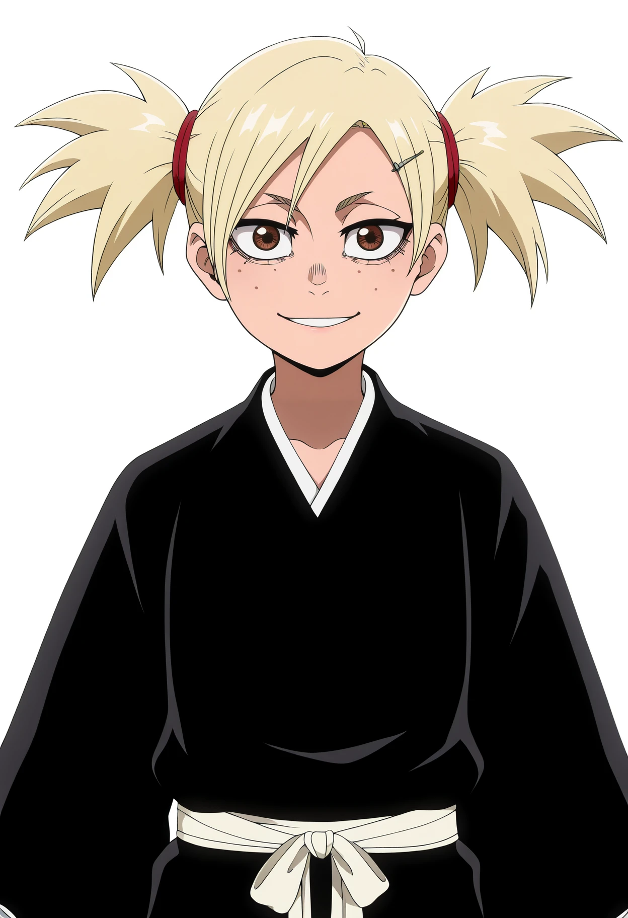 best quality, amazing quality, very aesthetic, absurdres,
1girl, sarugaki hiyori, blonde hair, short twintails, brown eyes, freckles,
black kimono, japanese clothes, black hakama,
smile,
upper body, looking at viewer, solo, simple background, white background, <lora:HiyoriSarugakiTYBWNoobXL_byKonan:1>