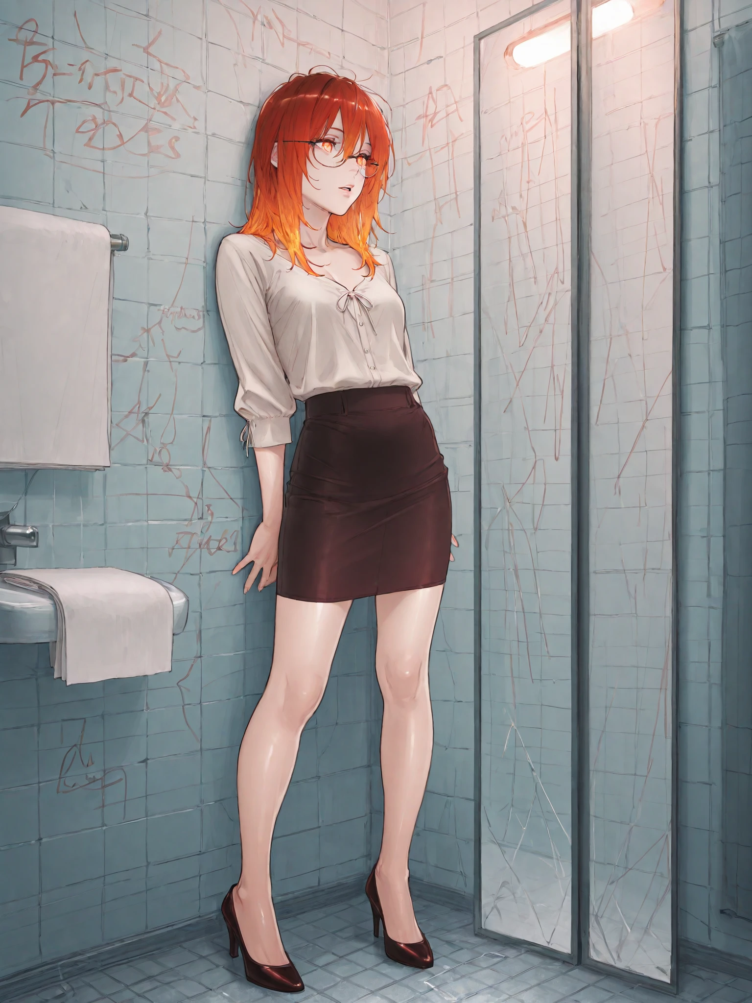 woman, wet clothing, redhead, blue eyes, curly hair, shoulder length hair, mint green blouse, tight black jeans, white pumps, taking a shower, soaked in shower, soaking wet, standing, rear view --auto --s2