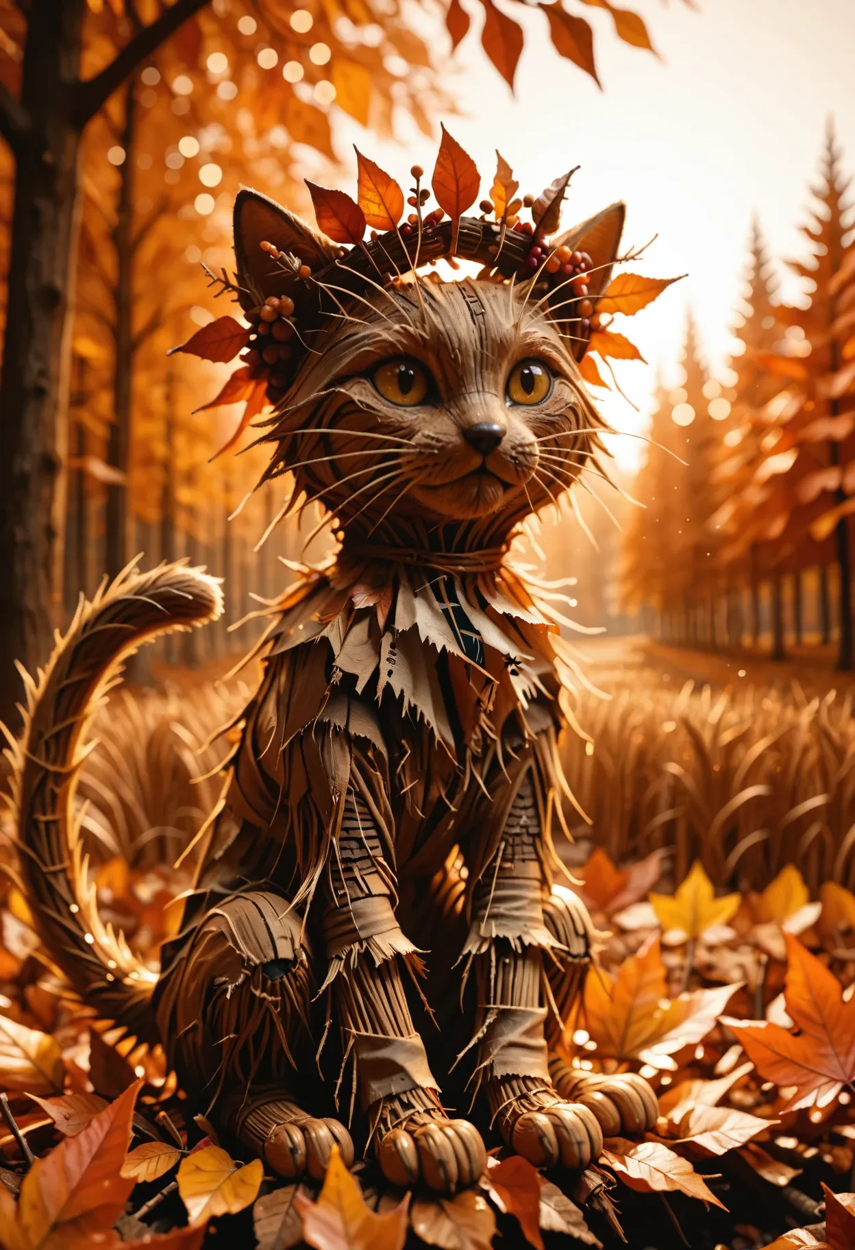 masterpiece, best quality, absurdres,
scarecrow, straw body, tan body, feral, solo, cat, full body, sitting, looking ahead, whiskers, tail, from front, three-quarter view, black nose, cute, tail up, head wreath, closed mouth, expressionless, backlighting, warm lighting, autumn, outdoors, blurry background, bokeh
, <lora:Scarecrow Style v3 Ills975:1>  <lora:KFT_Furropean_Extreme_IL:0.3> kftenhance,
