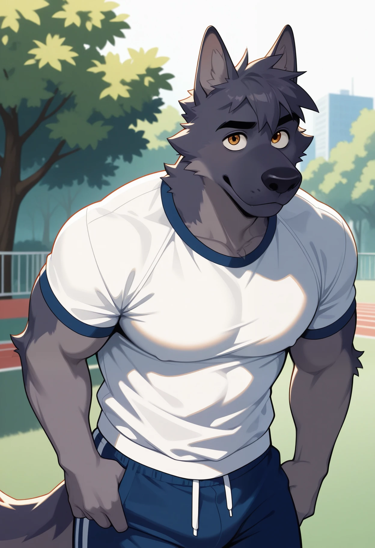 (masterpiece, 4K, ultra detailed), a bear furry, single, masculine, dark brown fur, beige belly, smooth lining, short hair, outside, schoolyard, sexy, naked, cartoony, teenage, athlete, anime, blue anime eyes, shy, small penis