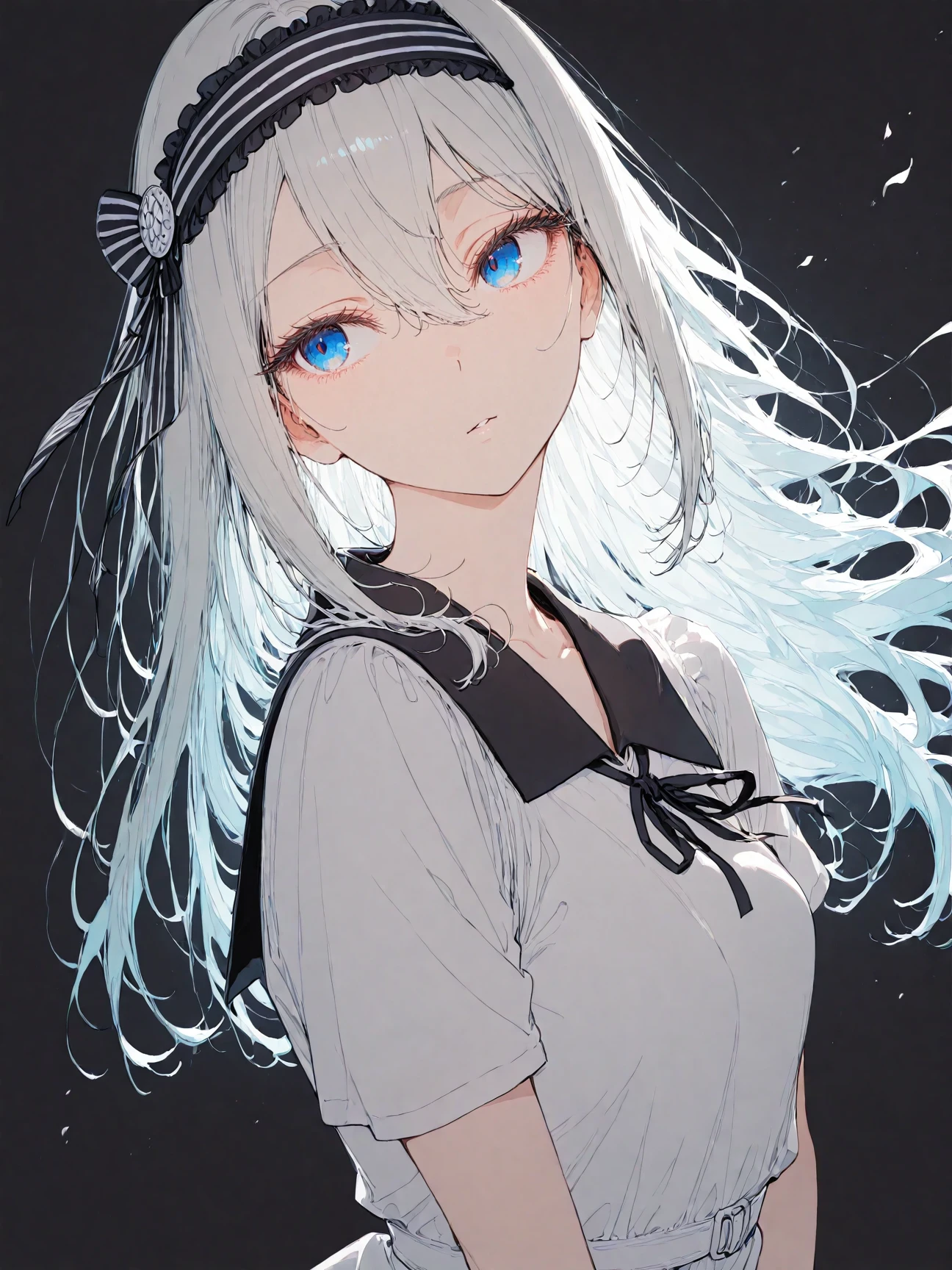 masterpiece, best quality, top quality, good quality, newest, highres, absurdres,
BREAK
very awa, absolutely eye-catching, illustration, CG,
BREAK
perfect composition, eye reflection, eyelashes, (gradient eyes:1),
BREAK
1girl, shirogane kei, kaguya-sama wa kokurasetai ~tensai-tachi no renai zunousen, blue eyes, long hair, white hair, frilled hairband, striped hairband, black hairband, black ribbon, short sleeves, neck ribbon, white dress, black pantyhose, upper body, black background, dim lighting, from side, hair blowing, wind, standing,