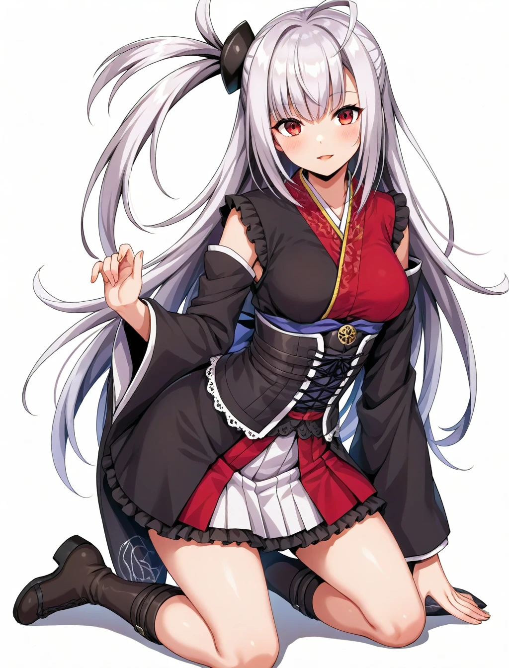 < <lora:ruka_XL_illustrious-noob_v1:1>1girl, ruka \(duel masters play's\) , short kimono, kneeling,, best quality, masterpiece, high quality, highres, absurdres ,<lora:NoobV065sHyperDmd:1>