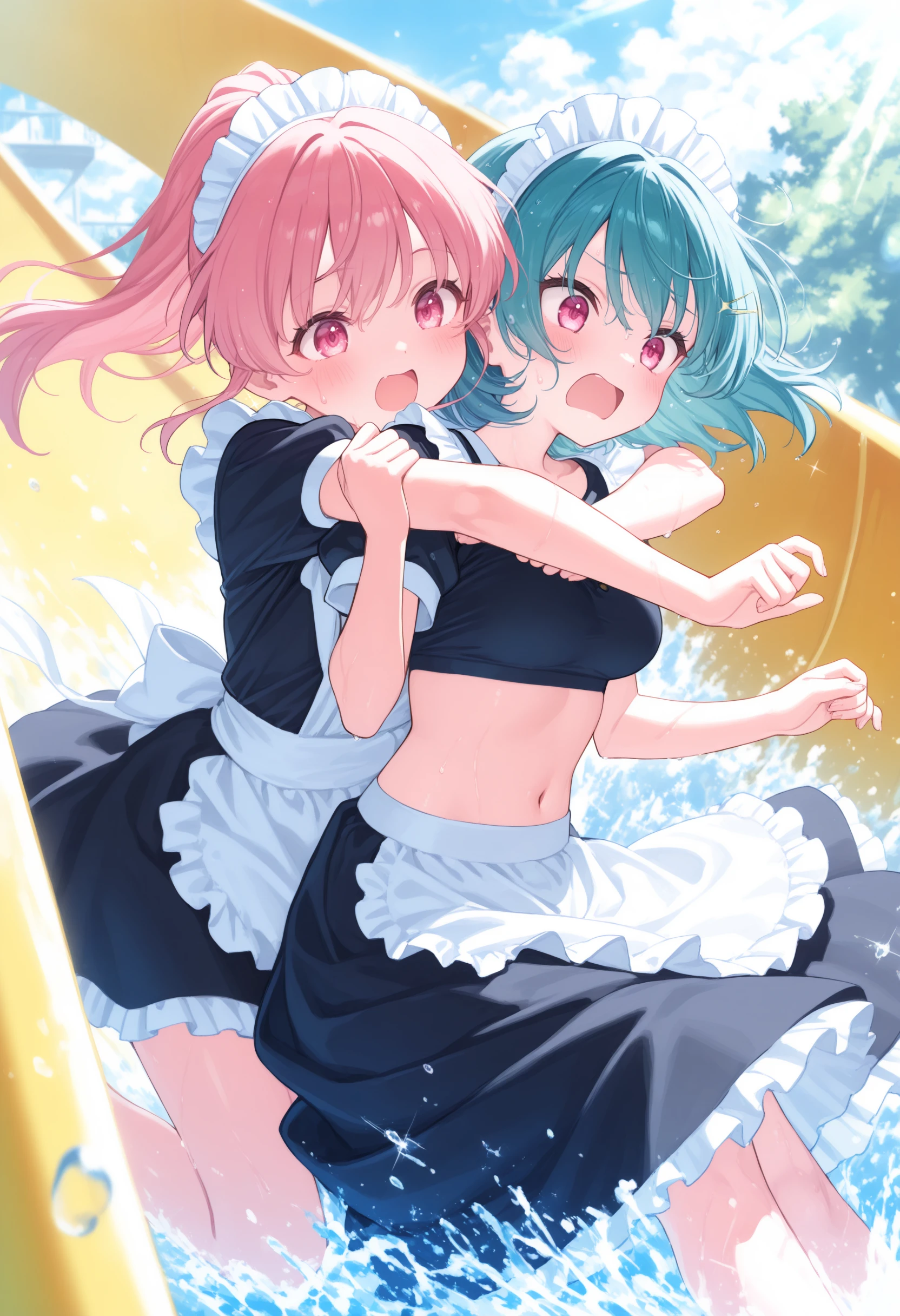 2girls,(sho \(sho lwlw\):0.7),(toosaka asagi:0.5),(sincos:0.3),solo,
masterpiece, best quality, newest, absurdres, CG, anime, source anime, illustration,
maid,maid headdress, long skirt, medium breasts, navel,
water slide, water,  splashing,  water drop, sweatdrop, wet,wet hair, wet clothes,  floating hair, open mouth,  day,outdoors, sparkle, lens flare,  sunlight, blush,
multiple girls, hug from behind,
<lora:waterslide_Illust_v1:0.8>
from side, feet out of frame, looking away, aqua hair, pink eyes,despair, high ponytail hair,