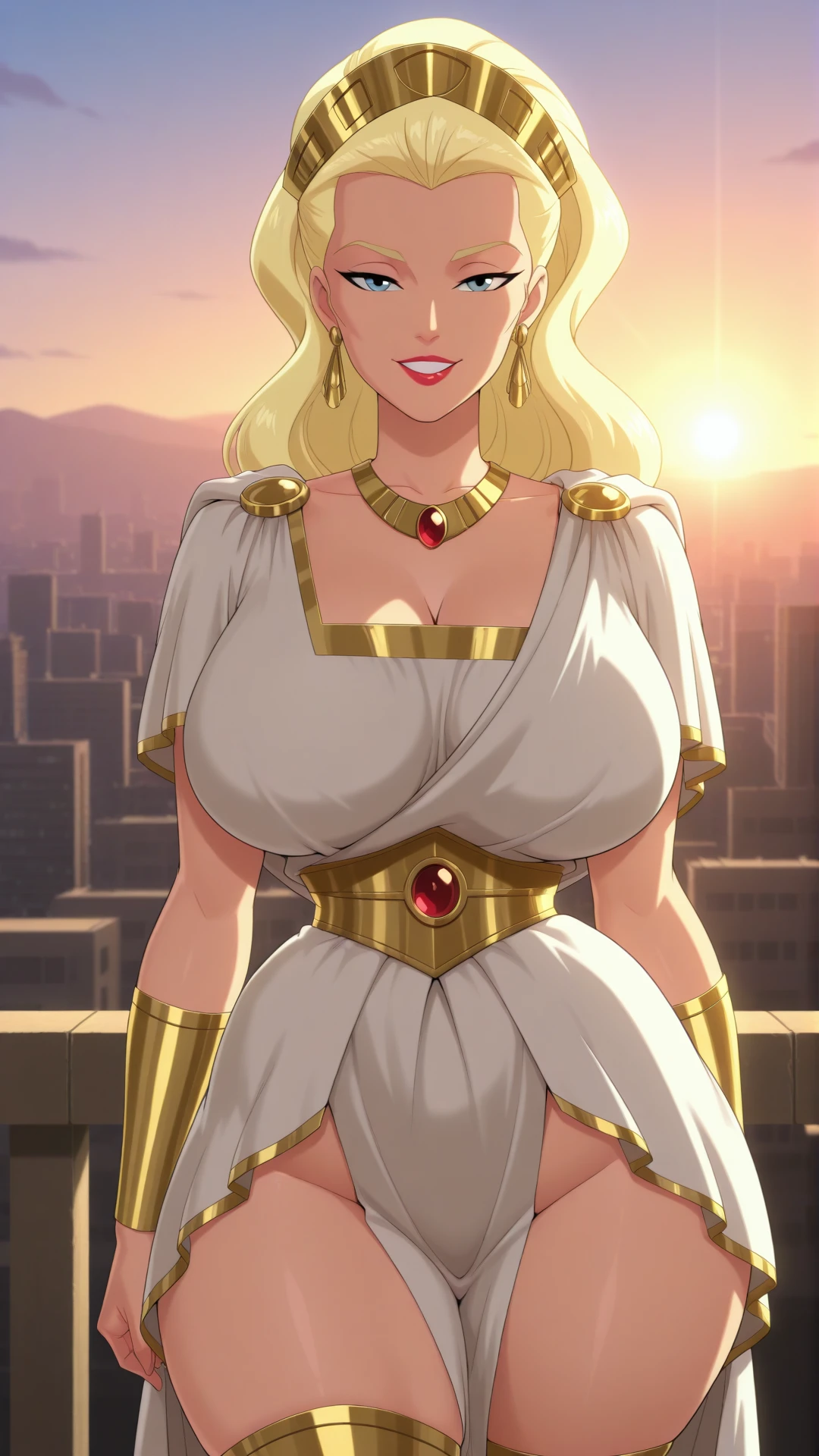 anime coloring, dramatic lighting, intricate details, masterpiece, best quality, absurdres, depth, Hippolyta_XL, jewelry, earrings, necklace, hair pulled back, hair slicked back, crown, cheekbones, high cheekbones, ponytail, greek clothes, toga, smile, parted lips, teeth, city, suburban, sunset, sunlight, looking at the viewer, smile, seductive smile, big breasts, curvy figure, narrow waist, thick thighs, thigh highs, curvy hips, big hips, lipstick, red lips, parted teeths <lora:Hippolyta_XL-05:0.9>