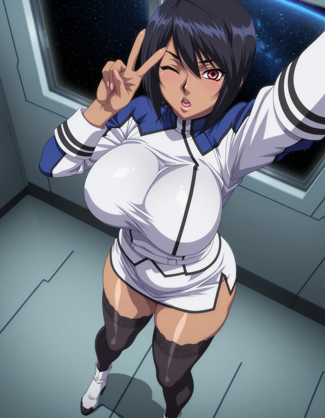 masterpiece,good quality,best quality,shadow,Naomi Evans,on floor,1girl,mature female,solo,black hair,short hair,red eyes,bangs,military uniform,white miniskirt,black thighhighs,lace trim,white ankle boots,curvy,huge breasts,thick thighs,indoors,spaceship,window,space,metal room,full body,standing,sleeve cuff,<lora:anime_screencap:1>,anime screencap,anime coloring,kangoku senkan,5 fingers,lazypos,lazynsfw,shiny skin,<lora:Evans_Naomi_Kangoku_Senkan:1>,<lora:selfie-illustriousxl-lora-nochekaiser:1>,selfie,arm up,foreshortening,looking at viewer,outstretched arm,v,hand up,reaching,reaching towards viewer,one eye closed,open mouth,