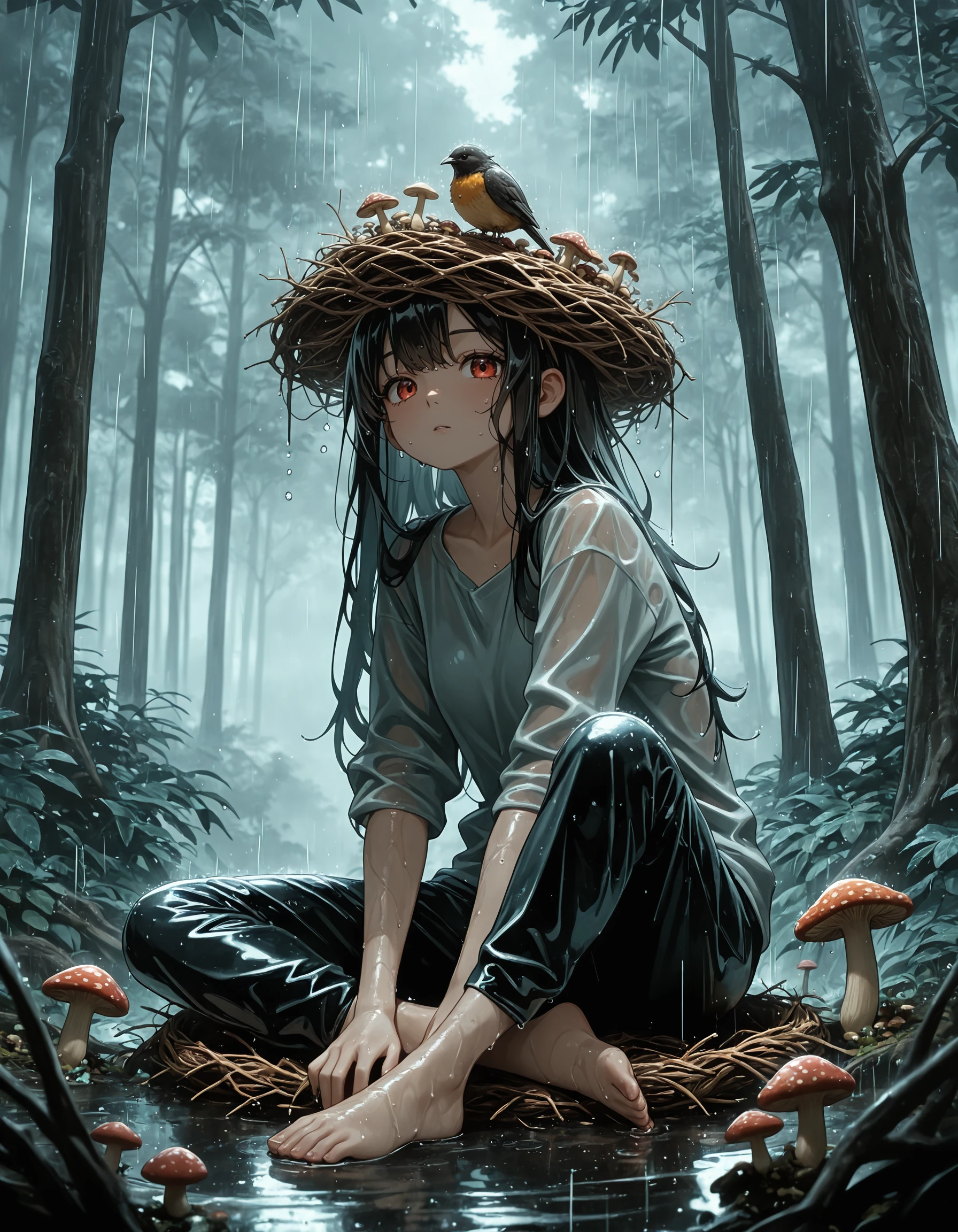 <lora:bird_nest_on_head_ill_v1.0:0.8> bird_nest_on_head, 1girl, looking at viewer, <lora:Mycelium - T:0.4> myceliumt, mushroom, full body, forest, rain, wet, sitting on ground, trees,