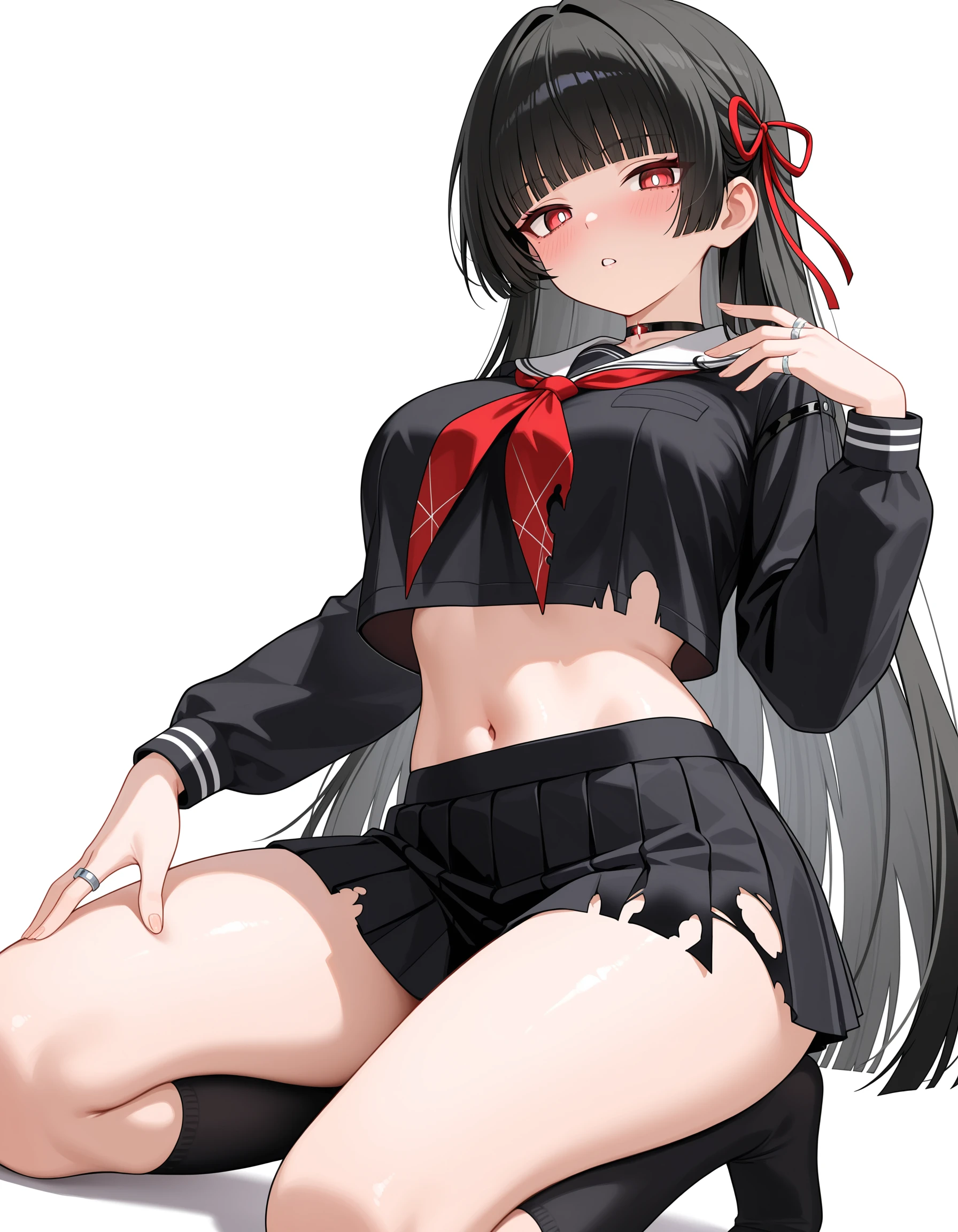 ,masterpiece,best quality,amazing quality,
1girl,absurdres,black serafuku,black skirt,black socks,blunt bangs,blush,breasts,bright pupils,chisa \(wuthering waves\),cropped shirt,fingernails,hand on own thigh,hand up,highres,jewelry,kneehighs,kneeling,large breasts,long sleeves,looking at viewer,miniskirt,mole,mole under eye,navel,neckerchief,no shoes,parted lips,pleated skirt,red neckerchief,ring,school uniform,serafuku,skirt,socks,solo,straight hair,thighs,torn clothes,torn shirt,torn skirt,very long hair,white background,white pupils,<lora:chisa100_xllora:0.6>