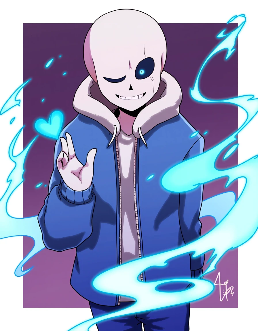 A drawing of a sans_(undertale) holding a blue heart in his hand. Magic energy all around