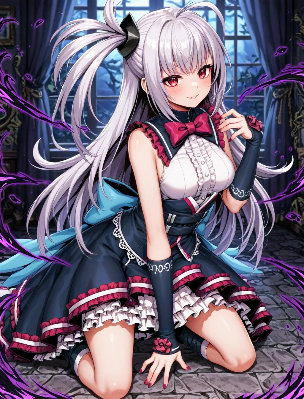 < <lora:ruka_XL_illustrious-noob_v1:1>1girl, ruka \(duel masters play's\), goth fashion, kneeling,, best quality, masterpiece, high quality, highres, absurdres ,<lora:NoobV065sHyperDmd:1>