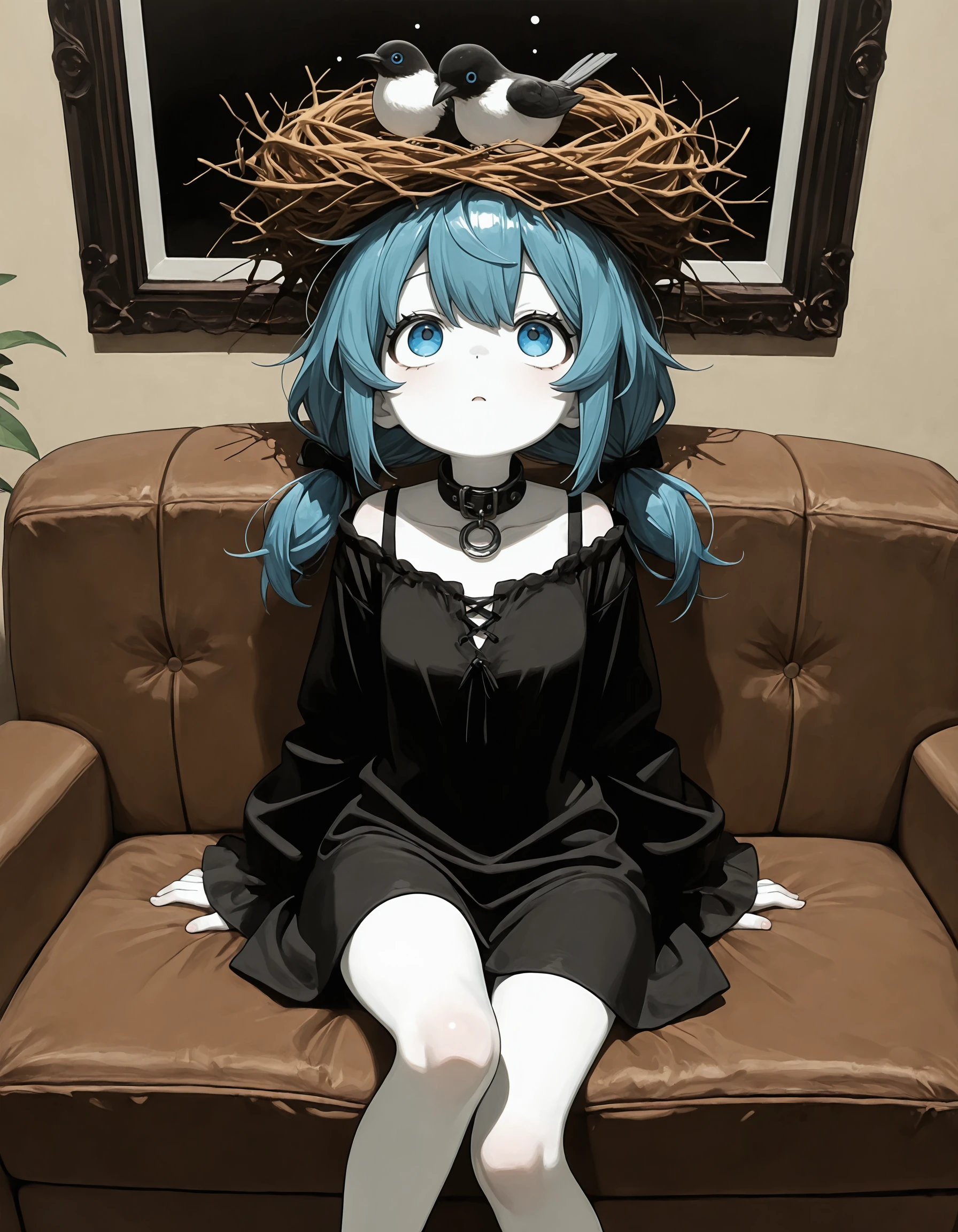 1girl, white skin, blue hair, twin tails, blue eyes, (monochromo), living room, confused, sitting on couch, black and white, looking up,  houlderless top, black top, collar, <lora:bird_nest_on_head_ill_v1.0:0.8> bird_nest_on_head, gothic