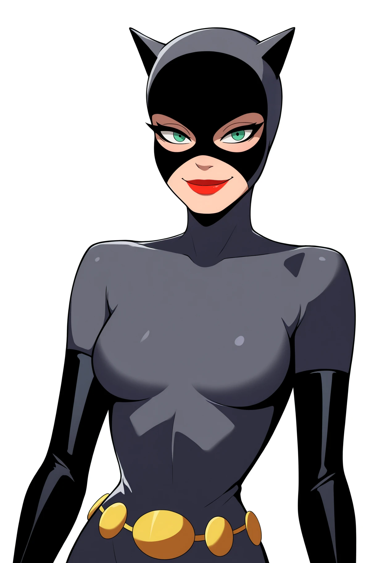 best quality, amazing quality, very aesthetic, absurdres,
1girl, catwoman, green eyes, mask, lipstick,
grey bodysuit, belt, black elbow gloves,
smile, upper body, looking at viewer, solo, simple background, white background, <lora:CatwomanNoobXL_byKonan:1>