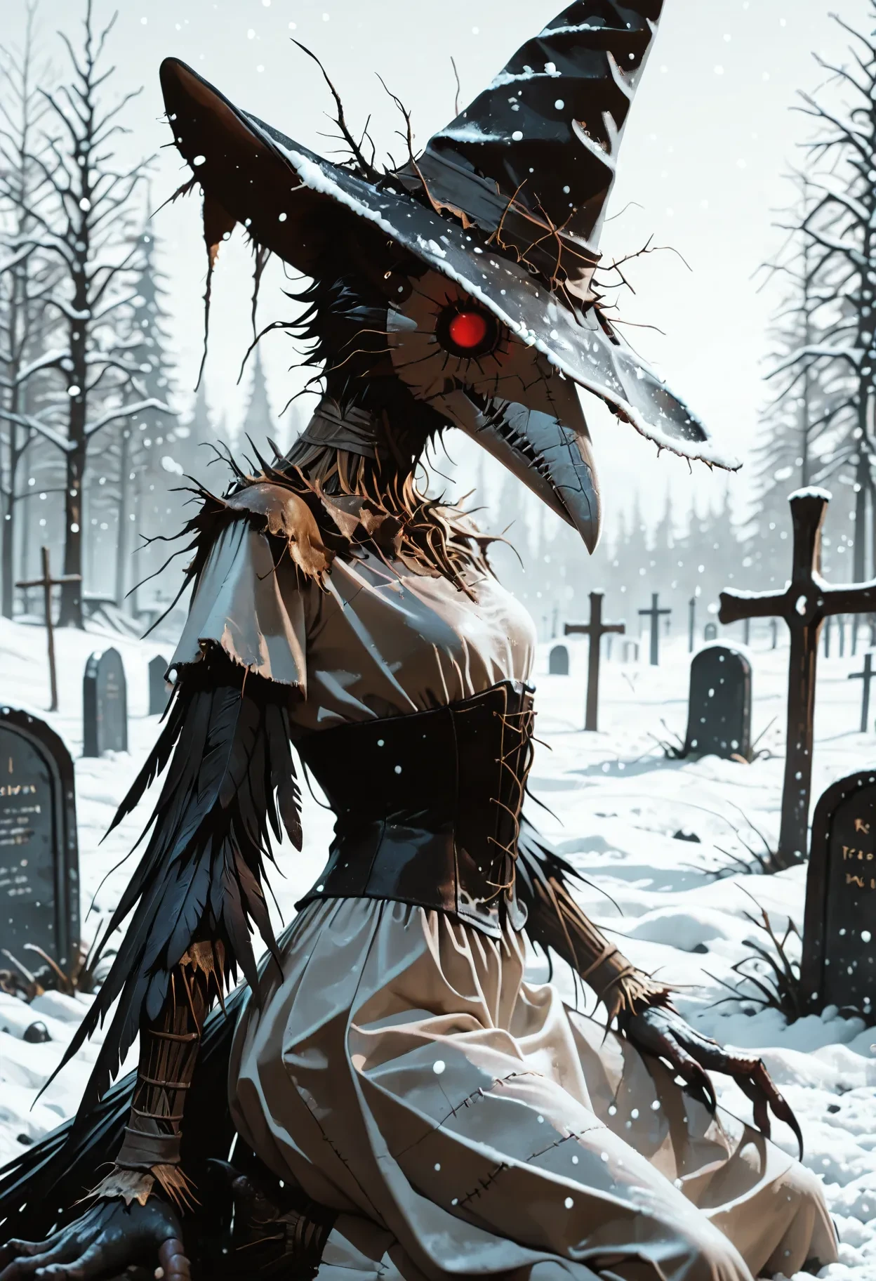 masterpiece, best quality, absurdres,
scarecrow, crow, realistic, cowboy shot, grey body, black feathers, black body, avian, white face, white mask, plague doctor mask, red eyes, closed mouth, stitched mouth, empty eyes, kneeling, from side, witch hat, (drooping hat:1.2), black hat, (white clothing, white dress, white skirt:1.4), black corset, flat chest, 1girl, solo, female, anthro, white beak, talons, tail,
outdoors, graveyard, tombstones, medieval, winter, snowing, snow, in snow,
, <lora:Scarecrow Style v3 Ills975:0.8>