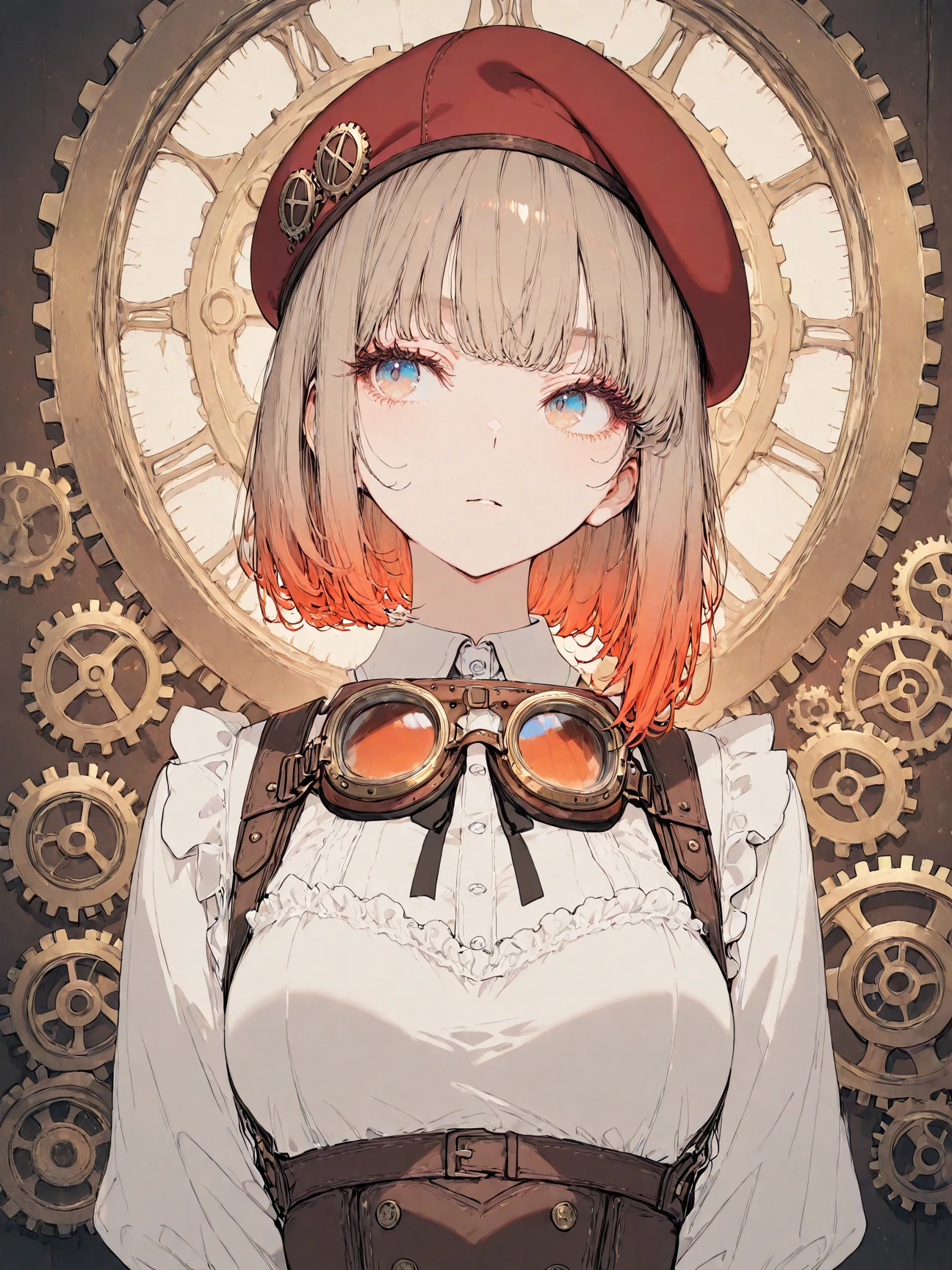 masterpiece, best quality, top quality, good quality, newest, highres, absurdres,
BREAK
very awa, absolutely eye-catching, illustration, CG,
BREAK
perfect composition, eye reflection, eyelashes, gradient eyes, 
BREAK
1girl, adjusting goggles, upper body, three quarter view, beret, rust, gears, steampunk,