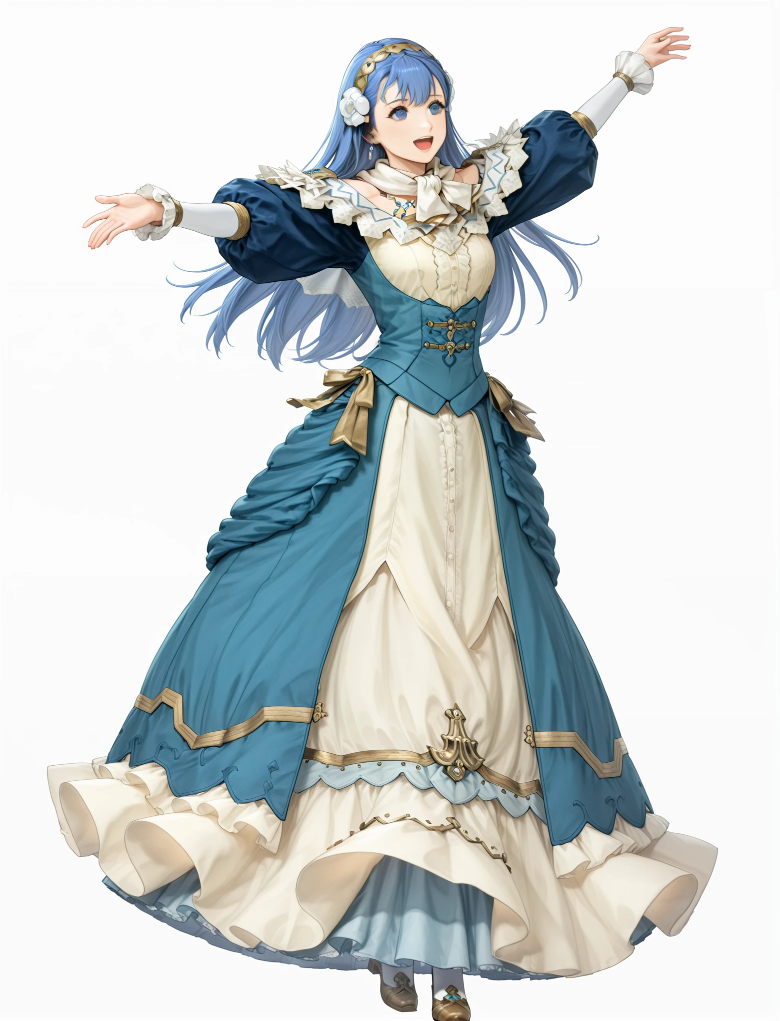 full body, dancing, 1girl, sexy, dynamic pose,
<lora:LECO-mature_female_XL(ill)v11:1.5> , young, thick thighs,
<lora:NiflOutfit:1> NiflOutfit, dress, hobble dress, long dress, puffy sleeves, gold jewelry, armor, white scarf, gold trim,
<lora:rinea:1> rinea \(fire emblem\) ,hair ornament, blue hair, blue eyes, long hair, hair flower,, masterpiece, best quality, amazing quality, very aesthetic, absurdres, newest