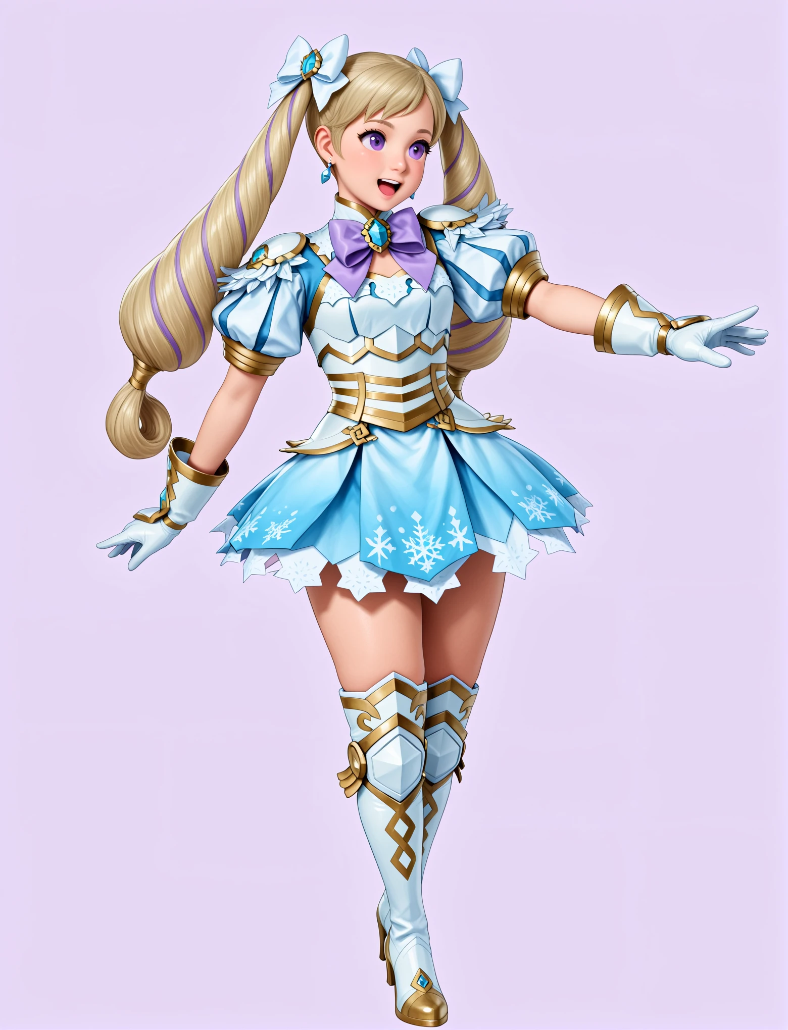 full body, dancing, 1girl, sexy, dynamic pose,
<lora:LECO-mature_female_XL(ill)v11:2> , young, thick thighs, 
<lora:NiflOutfit:1> NiflOutfit, ice print, blue and white outfit, alternate costume, short dress, armored dress, knee boots, ribbon, bowtie, thighhighs, thigh boots, high heels, gloves, jewelry, earrings,
 <lora:Elise_FireEmblem_Illustrious:1> elise_def, long hair, twintails, multicolored hair, blonde hair, purple hair, purple eyes, hair bow,, masterpiece, best quality, amazing quality, very aesthetic, absurdres, newest