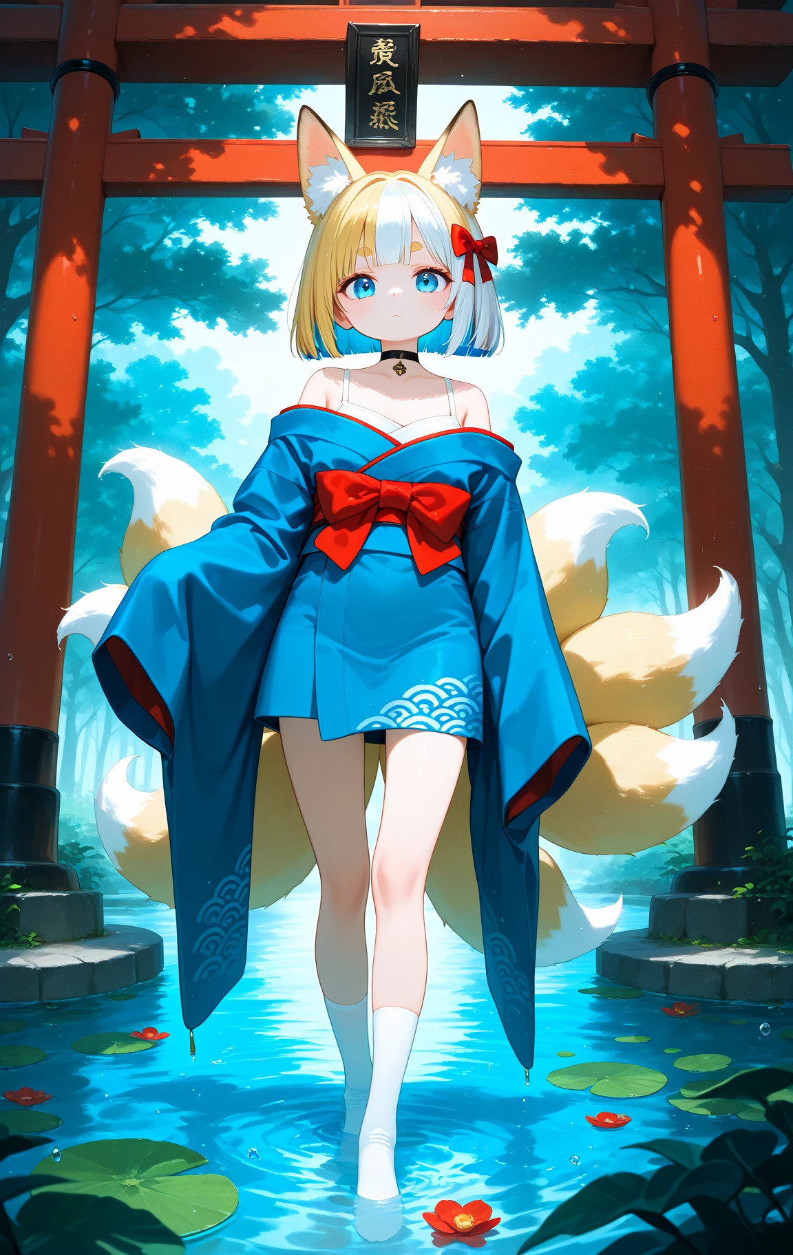 score_9,score_8_up,score_7_up,18 year old girl,cute sweet girl,cute round face,slender BREAK 1girl,solo,
animal ears,blonde hair,blue eyes,bow,expressionless,fox ears,fox tail,hair bow,japanese clothes,kitsune,long sleeves,looking at viewer,multicolored hair,multiple torii,short hair,sleeves past wrists,solo,standing,tail,torii,tree,two-tone hair,wading,water,water drop,white hair,bare shoulders,colored inner hair,blue kimono,choker,red bow,outdoors,rainbow gradient,animal ear fluff,long bangs,short eyebrows,fox girl,white legwear,full body,multiple tails,blunt ends,thick eyebrows,kimono,off shoulder,wide sleeves,closed mouth,sleeves past fingers,black choker,