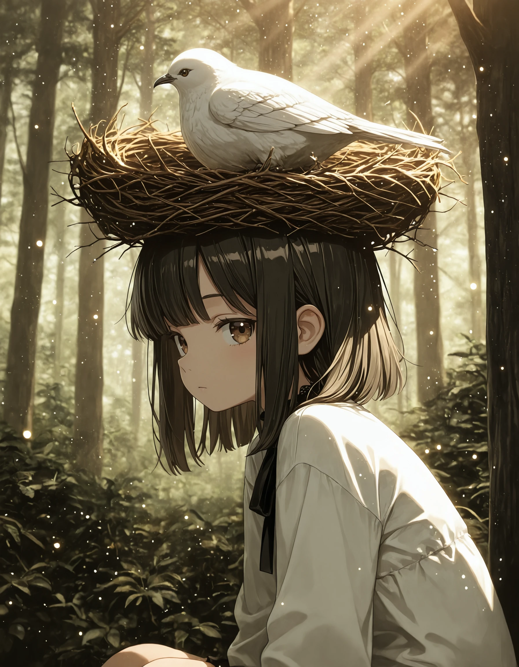 1girl with large bird's nest on head, white bird on head, outdoor, forest, sitting, side view, looking at viewer, god rays, hanging particles, brown eyes, white shirt, <lora:bird_nest_on_head_ill_v1.0:0.8> bird_nest_on_head, gothic