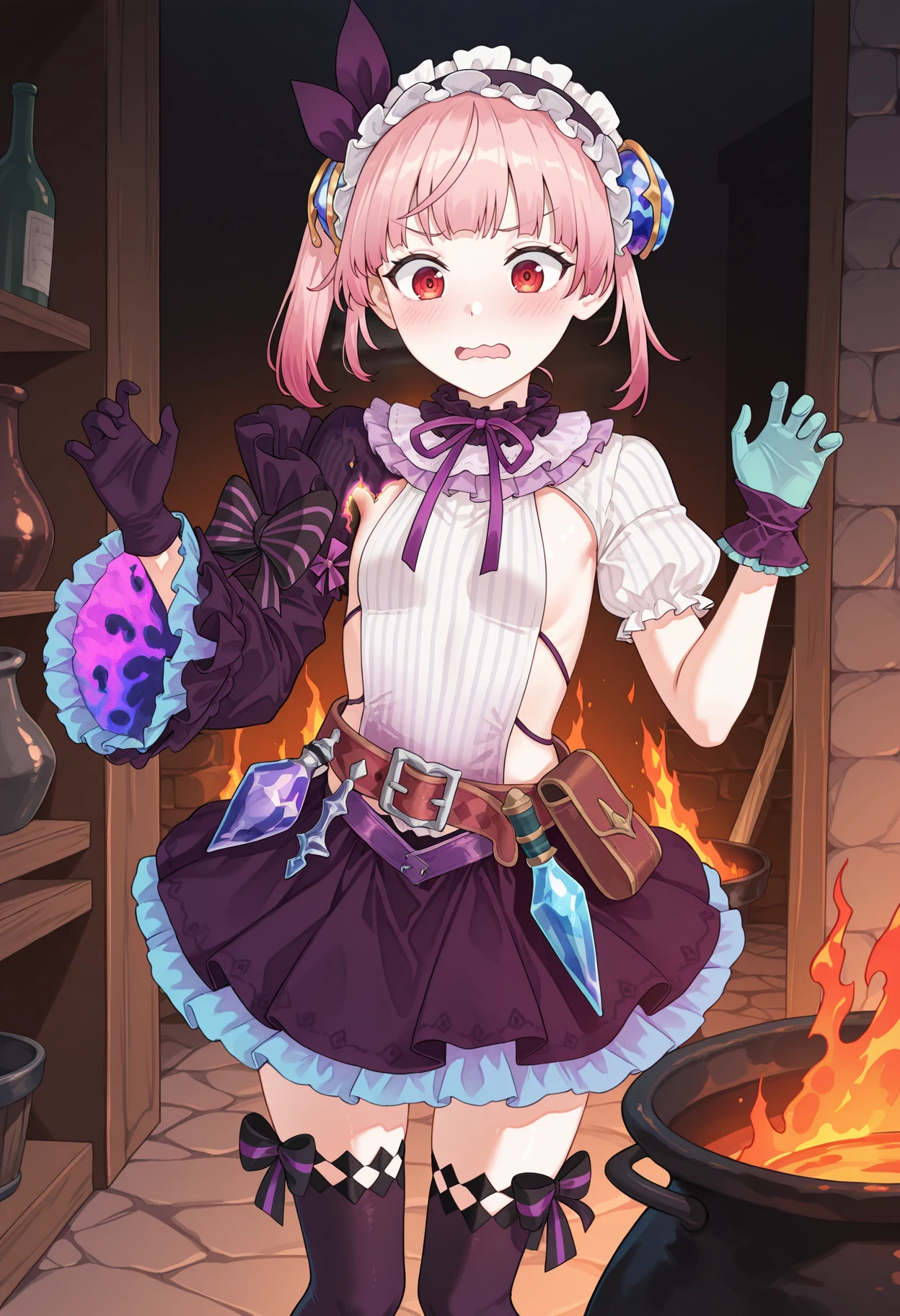 highres, best quality, masterpiece,
1girl, solo, atlydie, pink hair, short hair, one side up, side ponytail, red eyes,
alyddef, gem hair ornament, frilled hairband, hair ribbon, frilled collar, purple ribbon, vertical-striped shirt, sideless outfit, puffy short sleeves, single detached sleeve, sleeve bow, striped bow, black bow, frilled sleeves, mismatched gloves, belt, belt pouch, hip vial, layered skirt, purple skirt, black skirt, blue skirt, black thighhighs, leg ribbon,
blush, wavy mouth, open mouth, frown,
burning clothes, fire, hands up,
cauldron, indoors,
<lora:_lydie_atelier-elesico-ilxlB:1>
