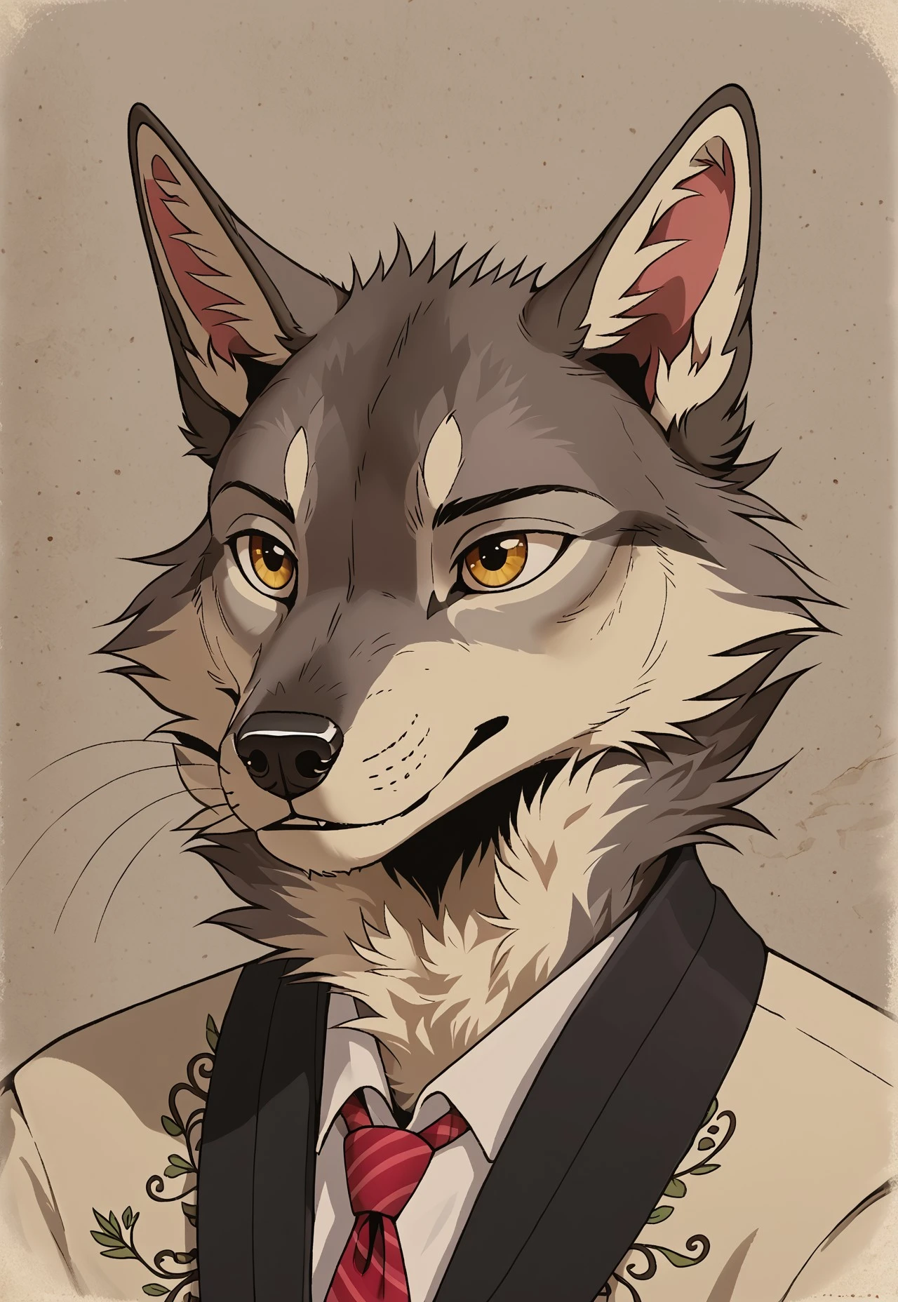 Coffee style, Sepia, furry, anthro, highres, super high resolution, 8k, furry, anthro, Close-up portrait of an elderly anthropomorphic grey wolf, wise eyes gazing into the distance. Sepia tones, textured paper background, subtle scratches. Soft vignetting. Style: vintage charcoal sketch, highly detailed fur texture, warm nostalgic atmosphere, timeless. Furry art