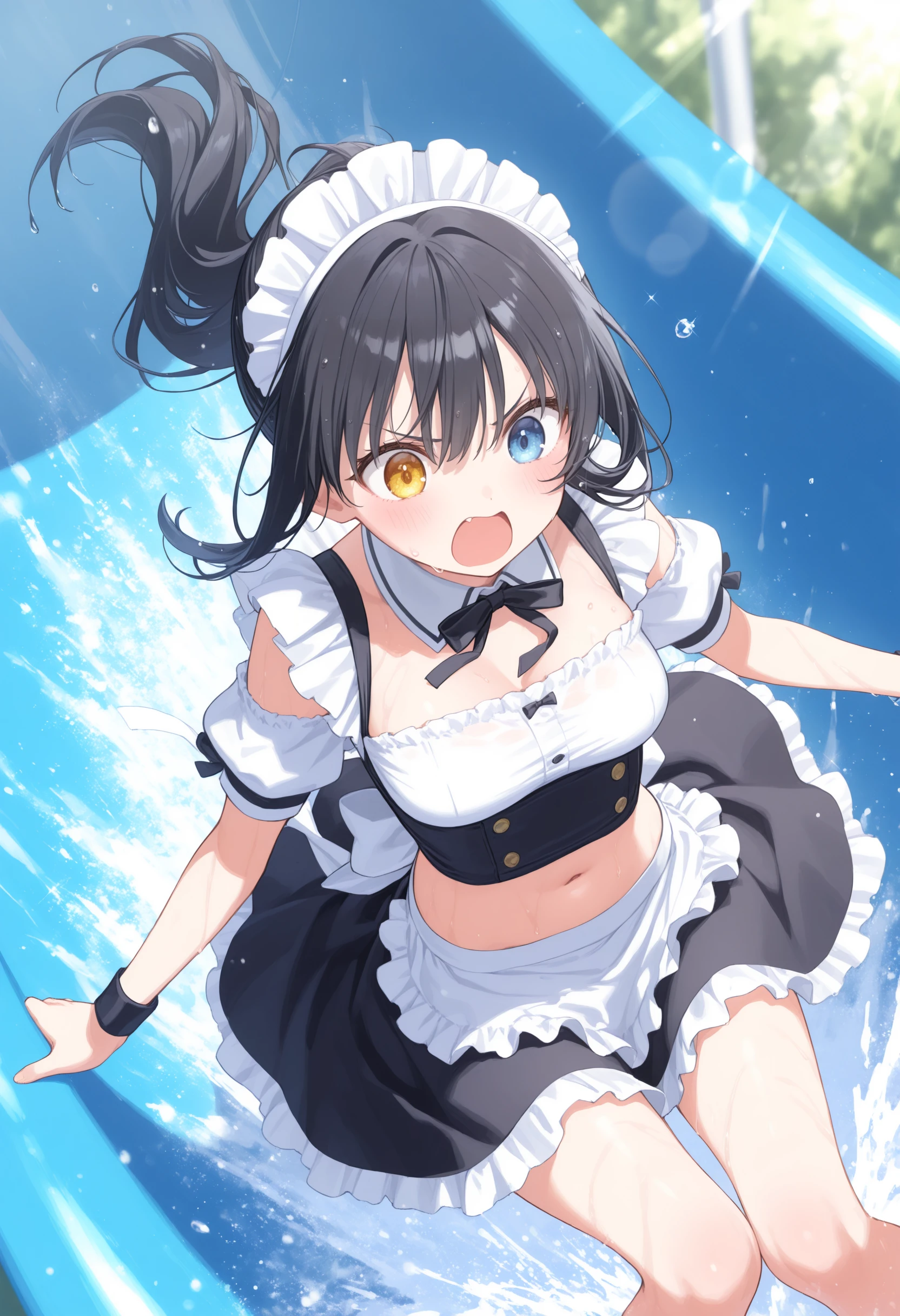 1girl,(sho \(sho lwlw\):0.7),(toosaka asagi:0.5),(sincos:0.3),solo,
masterpiece, best quality, newest, absurdres, CG, anime, source anime, illustration,
maid,maid headdress, long skirt, medium breasts, navel,
water slide, water,  splashing,  water drop, sweatdrop, wet,wet hair, wet clothes,  floating hair, open mouth,  day,outdoors, sparkle, lens flare,  sunlight, blush,
<lora:waterslide_Illust_v1:0.8>
from above, wide shot, looking down, black hair, heterochromia,angry, low ponytail hair,