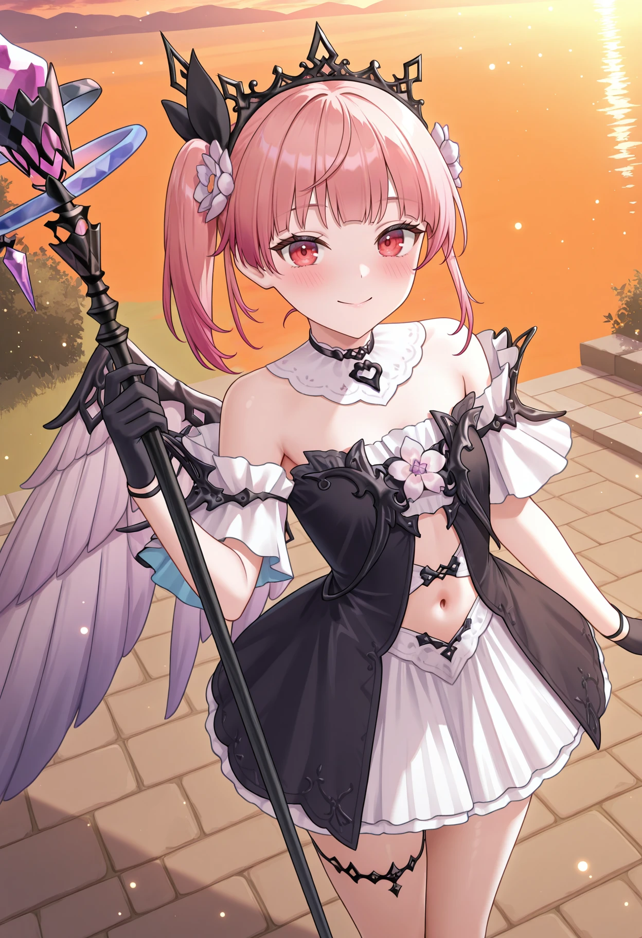 highres, best quality, masterpiece,
1girl, solo, atlydie, pink hair, short hair, one side up, side ponytail, red eyes,
alydwor, hair flower, black tiara, detached collar, black choker, white collar, bare shoulders, off-shoulder dress, black dress, short sleeves, white sleeves, white crop top, black gloves, white skirt, navel cutout, thighlet, thigh strap, wings,
wor_staff, holding staff,
blush, looking at viewer, 
standing, from above, smile,
outdoors, sidelighting, light particles, sunset, 
<lora:_lydie_atelier-elesico-ilxlB:1>