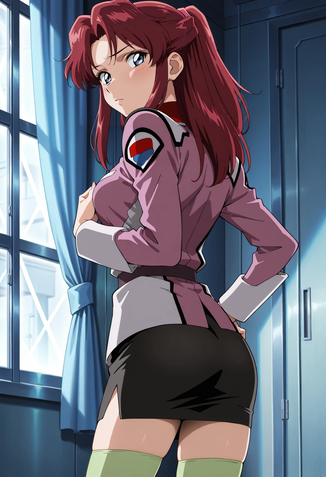 masterpiece,best quality,amazing quality,very aesthetic,absurdres, explicit,<lora:fray_a_IL1-000008:0.9> fray_a, 1girl, anime coloring, retro artstyle, solo, long hair, ponytail, red hair, half updo, parted bangs, sidelocks, blue eyes, fray military uniform, pink jacket, black skirt, pencil skirt, miniskirt, long sleeves, belt, zettai ryouiki, green thighhighs, medium breasts, blush, looking back,hand on own breasts, hand on own hip, pink bow,from behind, indoors, window, curtains,