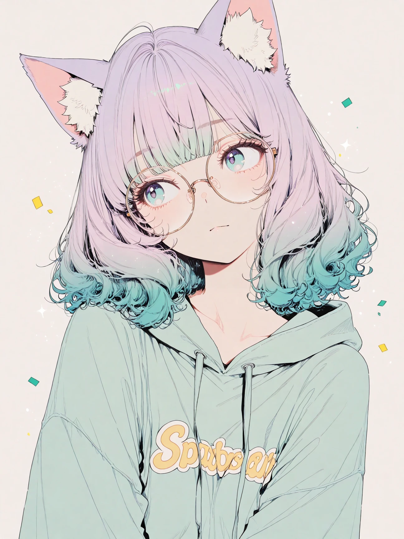 masterpiece, best quality, amazing quality, newest, absurdres, highres, newest,
1girl, catgirl, solo, portrait composition, upper body, large round glasses, pastel purple wavy hair, bangs, soft curious expression, oversized blue-green hoodie (patches: symbols), fluffy cat ears, soft depth-of-field , dreamy atmosphere, whimsical pastel colors, pop surrealism, soft lighting, slight confetti particles,