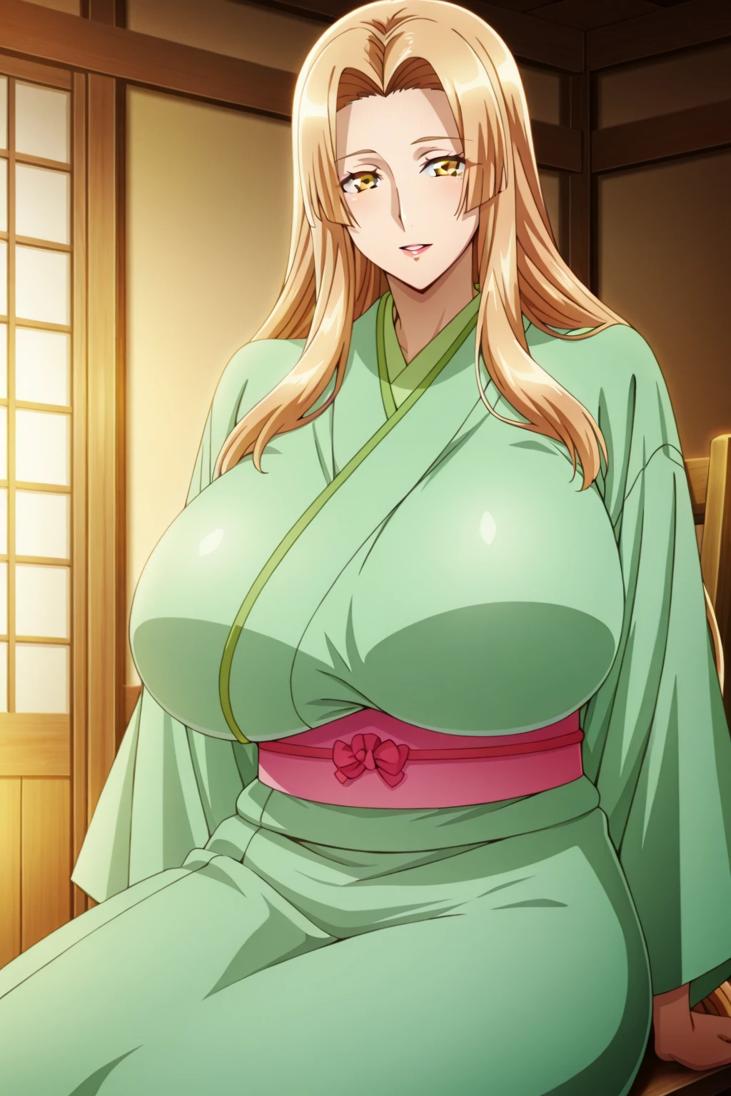 natsume, 1girl, solo, long_hair, blonde_hair, large_breasts, brown_eyes, lips, makeup, hair_intakes, lipstick, , red_lips, blush, masterpiece, best quality, highly detailed, a anime girls in kimono dress with a sword posing for a
picture, bare shoulder,open kimono, evil smile, open mouth, crop top , (nsfw) not safe for work, smile,
ecchi anime style, anime girls, ecchi style, ecchi, digital anime art!!, in anime style, official artwork, visual
novel cg, beautiful anime girl, anime style 4 k, kimono pencil skirt, exposed belly, exposed navel,
exposed midriff, exposed lower belly, outdoor, japanese architecture, temple