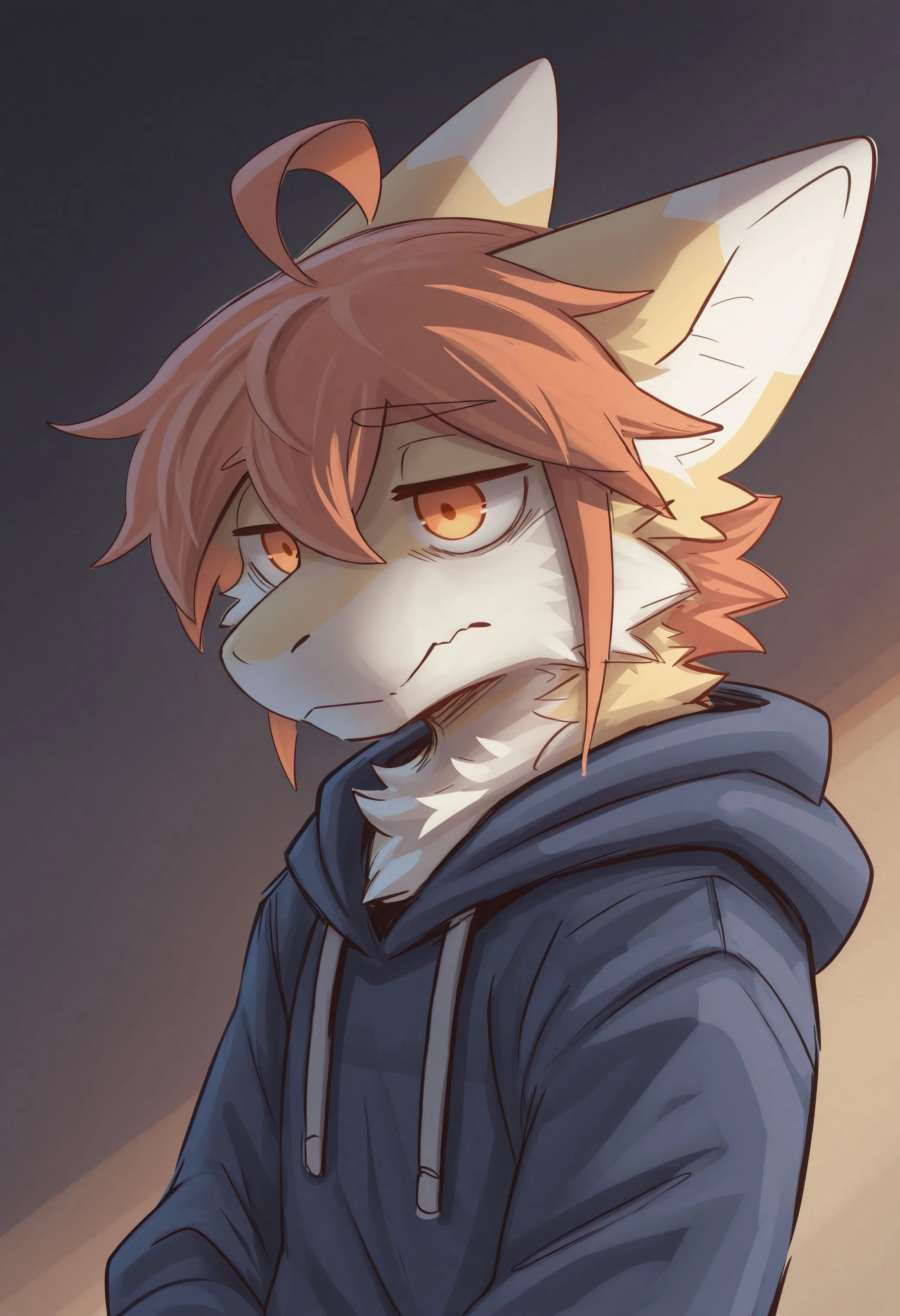 best quality, amazing quality, very aesthetic, absurdres, newest, kuttoyaki, male focus, furry, furry male, 1boy, solo, ahoge, orange hair, orange eyes, <lora:Kutto_Kuttoyaki_Illustrious:1>