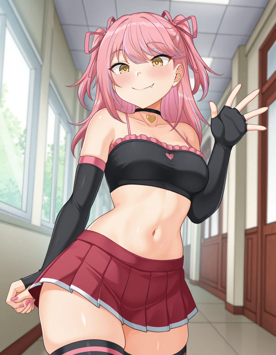 masterpiece, best quality, 1girl, Sakura Haruno, small breasts, toned, looking at the viewer, school uniform, lifting shirt, thigh socks, midriff, in bed, sun, mini skirt raised, no panties (green eyes: 0.6)