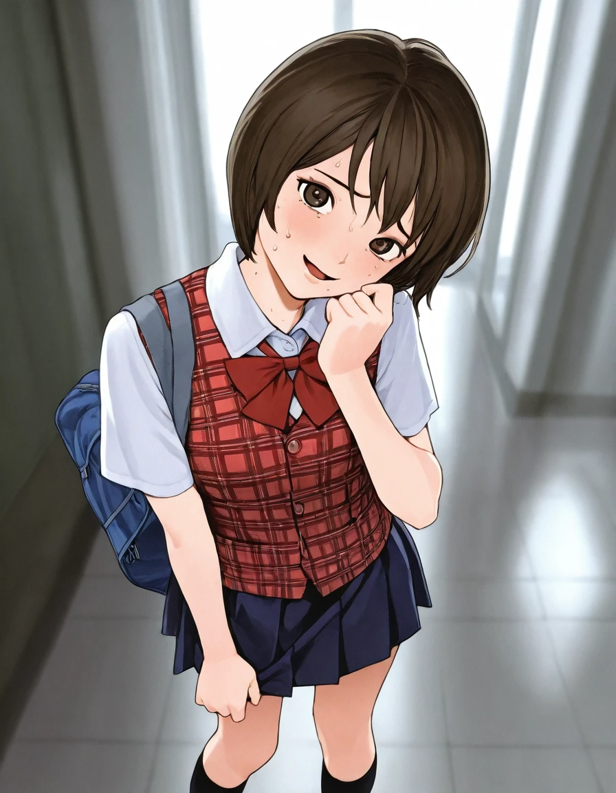 1girl, sweat, nervous smile, short hair, plaid vest, school uniform, skirt, black kneehighs, school bag, head tilt, light smile, open mouth,
,<lora:inouse_kiyoshirou_old_style_illustrious01_v1-000009:1>