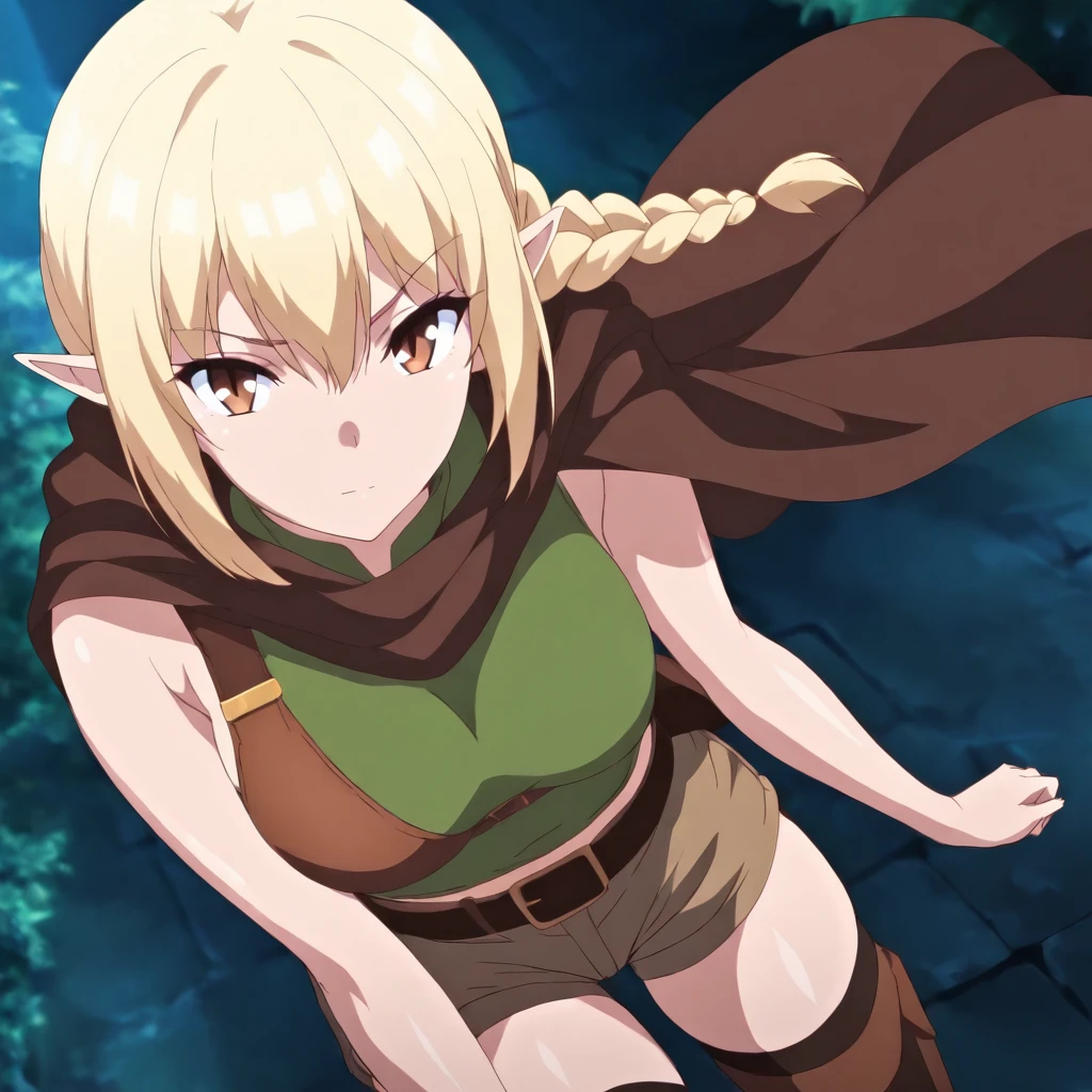 masterpiece,high score,great score,absurdres,solo,anime coloring,looking at viewer,cowboy_shot,<lora:Ruze ag4o:1> ruzechar, blonde hair, braid, pointy ears, brown eyes,green crop top,brown cape,thighhighs,belt,shorts,