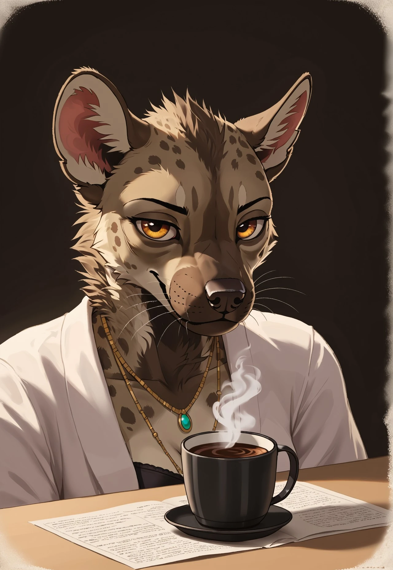 Coffee style, Sepia, furry, anthro, highres, super high resolution, 8k, furry, anthro, Close-up portrait of an elderly anthropomorphic spotted hyena matriarch. Warm sepia tones, deep wrinkles around intelligent eyes, fur slightly dusty. She gazes into a crackling fire, casting dramatic shadows. Style: textured charcoal sketch on aged paper, Rembrandt lighting in browns, timeless wisdom, spotted fur details, furry art