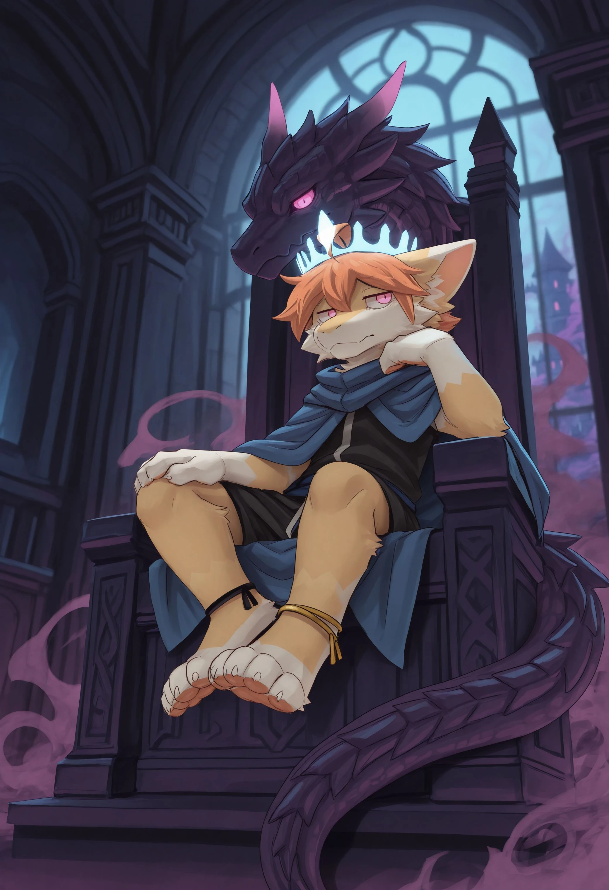 best quality, amazing quality, very aesthetic, absurdres, newest, kuttoyaki, male focus, furry, furry male, 1boy, solo, ahoge, orange body, orange hair, pink eyes, white glowing crown, anklet, sitting on throne, blue cape, petting dragon head, purple smoke, eery glow, blurry background, castle room, inside, detailed background, looking at viewer, dark purple dragon silhouette, low angle, three quarter view, <lora:Kutto_Kuttoyaki_Illustrious:1>