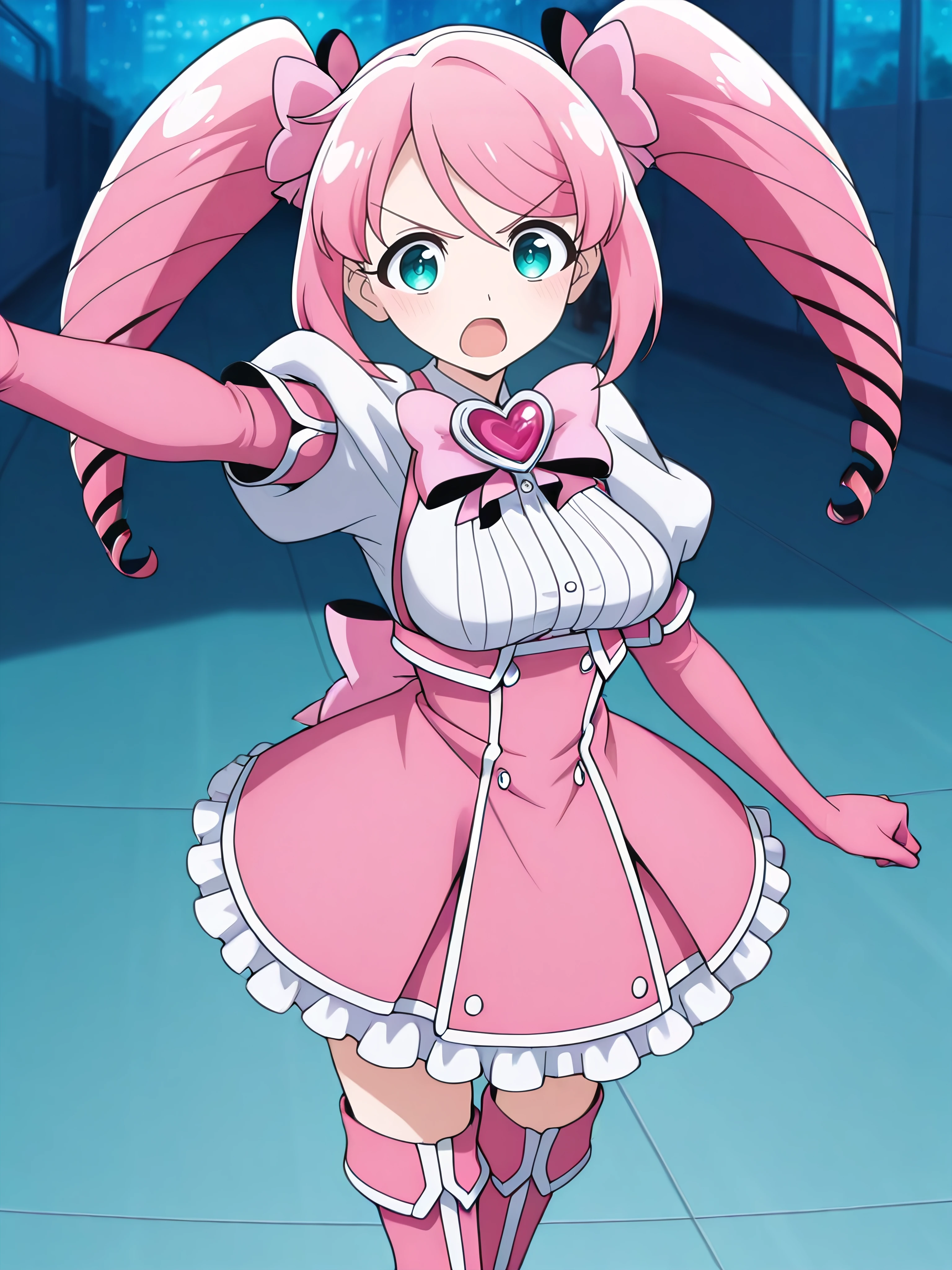 32k, Super-Resolution, professional, masterpiece, best quality, absurdres, award winning, Digital Art, very aesthetic, absolutely eye-catching, Cinematic Lighting, 16-bit RGB, character focus, perfect anatomy,body blush, perfect hands, ultra detailed, soft skin, Ray Tracing Global Illumination, Depth of Field, Cinematic, Ray Tracing Reflections, Concept Art, breathtaking, White Balance, F/2.8, Perspective, detailed gorgeous body, detailed gorgeous background, Anti-Aliasing, <lora:StS-Illustrious-Detail-Slider-v1.0:3>,extreme details, RTX, <lora:dynamic-pose-illustriousxl-lora-nochekaiser:1>, dynamic pose, cowboy shot, <lora:Hanabishi_Haruka:1>, haruka, pink hair,bangs, twintails,twin drills,aqua eyes,magiaMagentadress,magical girl,hair ornament,pink hair bow, pink bowtie,heart brooch, puffy short sleeves shirt, vertical stripes,pink elbow gloves,high-waist pink skirt,buttons,frills, pink thigh boots, medium breasts, standing,