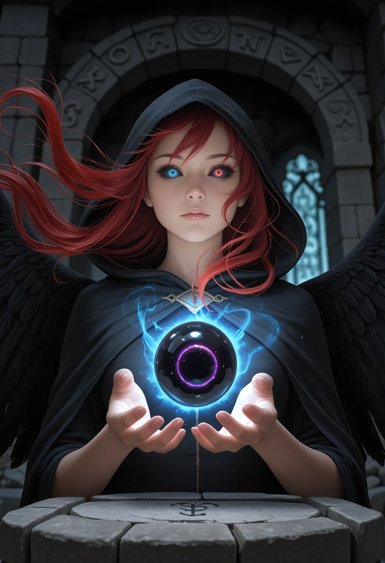 masterpiece, best quality, absurdres, highres, photorealistic, realistic,
ancient ruins, stone arch, runes, glowing portal \(object\), swirling magic energy, darkness, dark, dark background, blurry background,
1girl, solo, red hair, long hair, detailed eyes, multicolored eyes, heterochromia, black sclera, red eyes, blue eyes, eyebrows, eyelashes,
hooded cloak, hood up, ornate clothes, black feathered wings, big wings, floating hair,
hand up, holding orb, dark orb \(madoka magica\),
looking at viewer, from below,,
close-up, depth of field, bokeh,