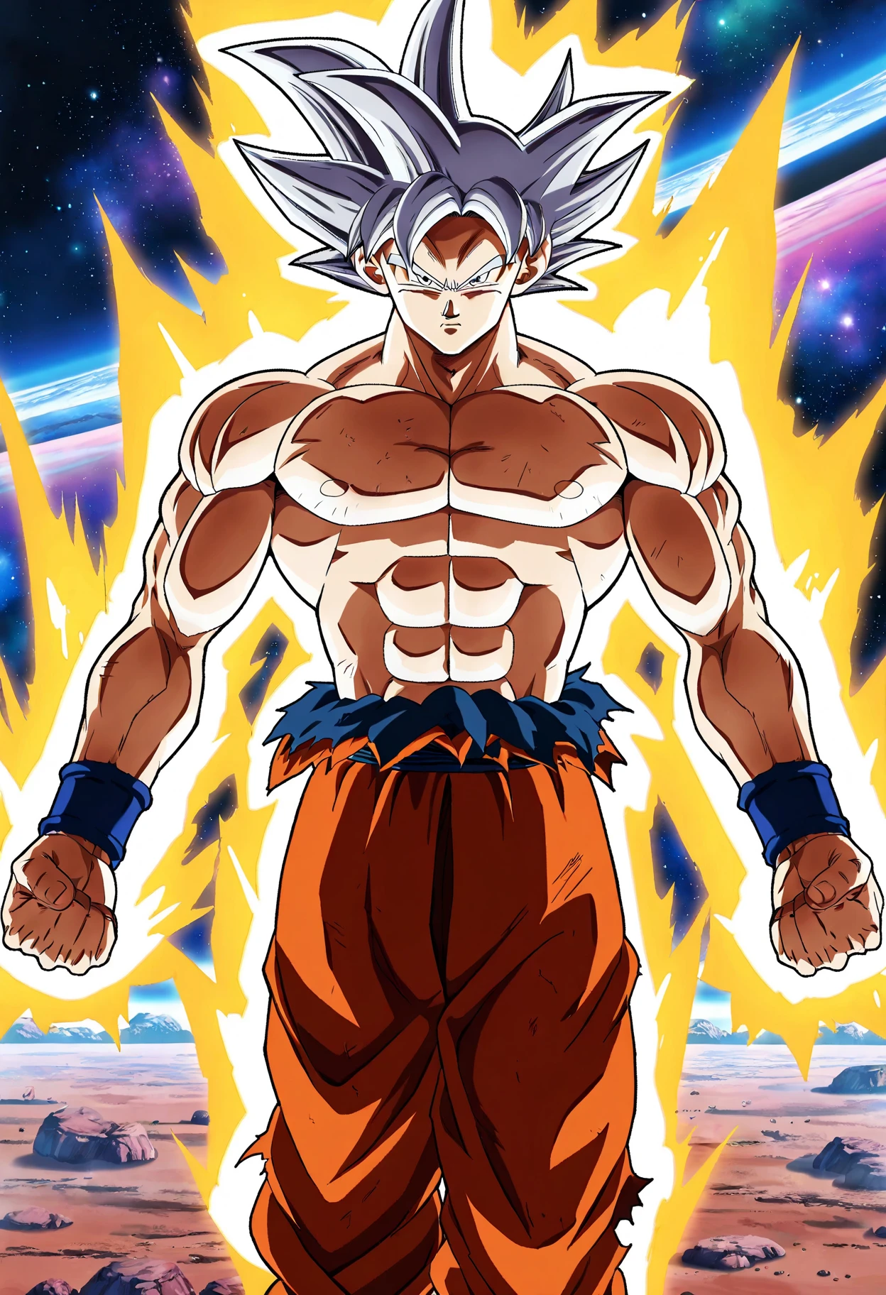 score_9, score_8_up, score_7_up, source_anime, official artstyle, anime screencap, highly detailed,1boy, solo, male focus, perfect composition, good shading, masterpiece, masterwork, best quality, absurdres, hyper-detailed, 8k uhd:1.2, amazing quality, very aesthetic, high resolution, ultra-detailed, newest, official art, 1boy, solo, male focus, outdoors, space, stars in the distance, giant ring, red dougi, red gi, topless, abs, pectorals, serious,goku,silver hair,spiked hair,silver eyes,muscular male