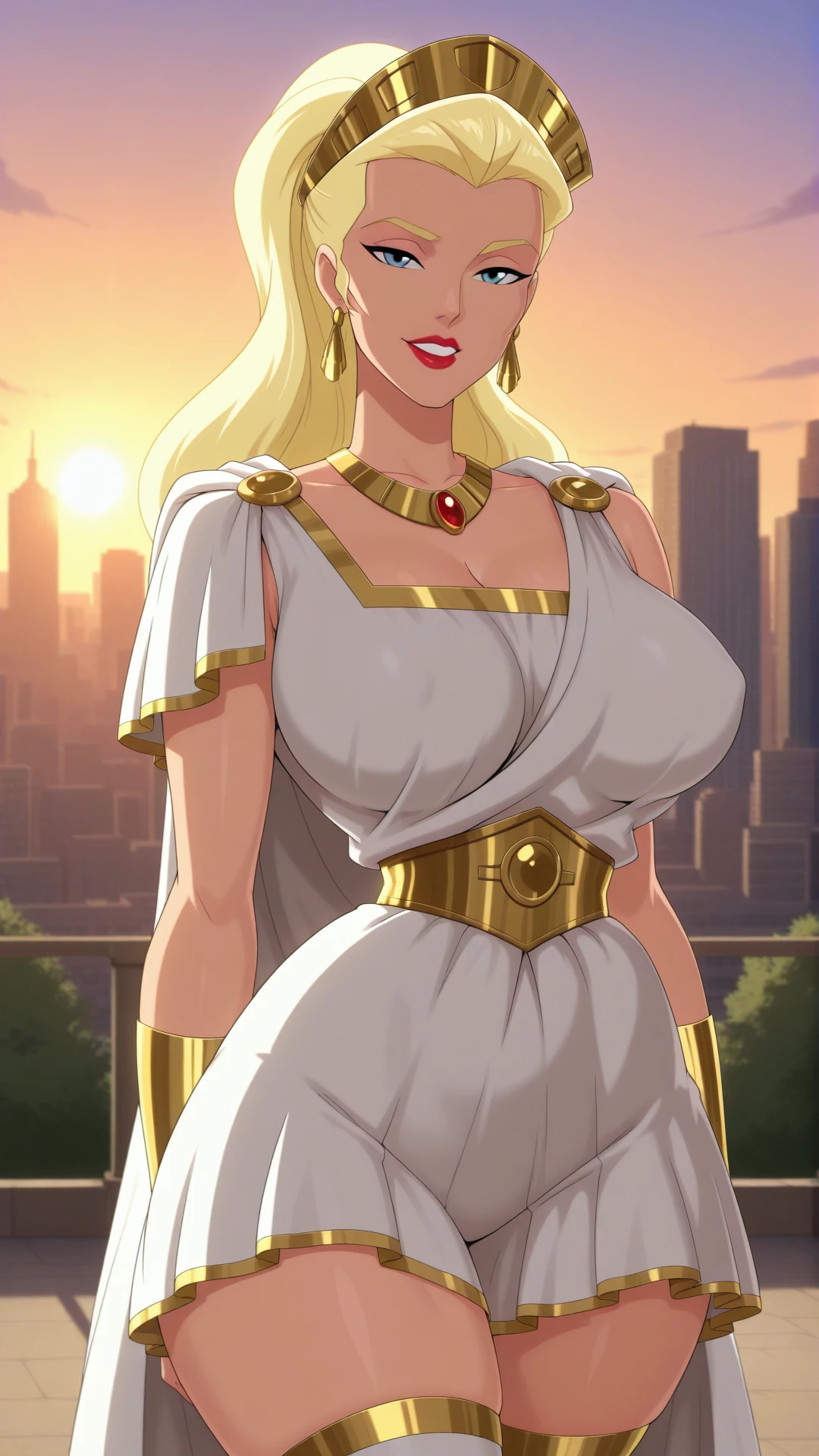 anime coloring, dramatic lighting, intricate details, masterpiece, best quality, absurdres, depth, Hippolyta_XL, jewelry, earrings, necklace, hair pulled back, hair slicked back, crown, cheekbones, high cheekbones, ponytail, greek clothes, toga, smile, parted lips, teeth, city, suburban, sunset, sunlight, looking at the viewer, smile, seductive smile, big breasts, curvy figure, narrow waist, thick thighs, thigh highs, curvy hips, big hips, lipstick, red lips <lora:Hippolyta_XL-05:0.9>