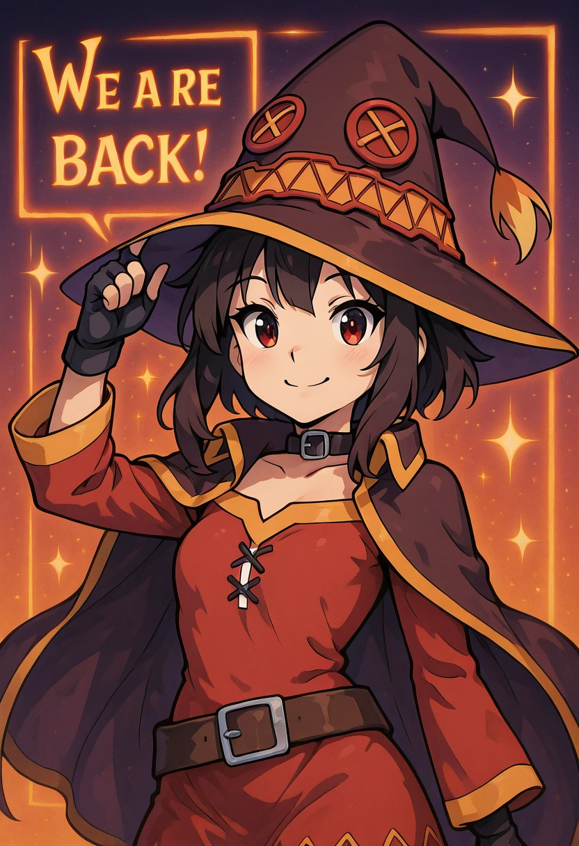 masterpiece, best quality, 1girl, solo, eyelashes, (beautiful eyes), eye focus,    We4reSoB4ck, text, large breasts, (curvy),    megumin, solo, looking at viewer, smile, red eyes, black hair, short hair with long locks, gloves, witch hat, red dress, black gloves, fingerless gloves, cape, collar, (upper body),   smile, looking at viewer, gradient background, orange glow,<lora:We4reSoB4ck_IXL_v1:1.0>,