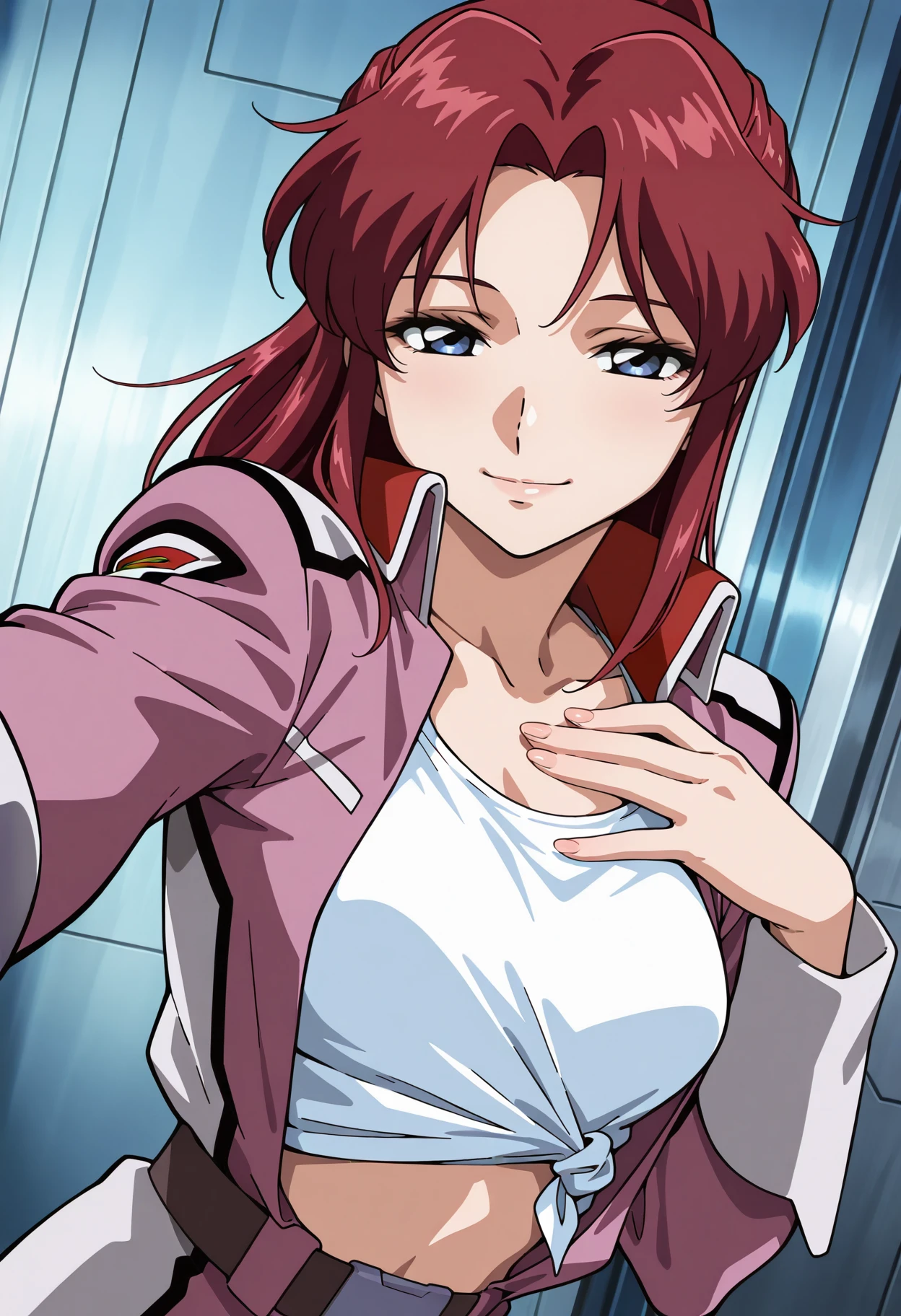 masterpiece,best quality,amazing quality,very aesthetic,absurdres, explicit,<lora:fray_a_IL1-000008:0.9> fray_a, 1girl, anime coloring, retro artstyle, solo, long hair, ponytail, red hair, half updo, parted bangs, sidelocks, blue eyes, fray military uniform, pink jacket,  long sleeves, belt, upper body, outstretched arm, hand on own chest, open clothes, collarbone, tied shirt, tank top, white shirt, midriff, dutch angle, half-closed eyes,light smile, looking at viewer,