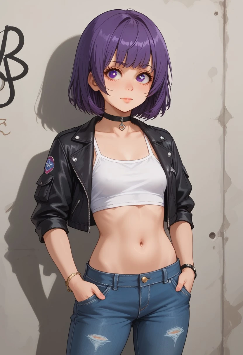 score_9, score_8_up, score_7_up, score_6_up, (1girl ), (solo),
BREAK,
HDA_MasterpieceXL_v.1,
BREAK
1girl: <lora:kasumi kominami-v:2>,kasumi kominami ,small hair,((petite, tiny woman)),purple eyes, purple hair,small breasts
BREAK
(Cotton cropped jacket, Layered cropped top, Thick body, baggy jeans, Detailed cargo pockets), , standing alone inside a graffiti-covered room, bracelet, choker, flickering neon light, dirty mirror in background,