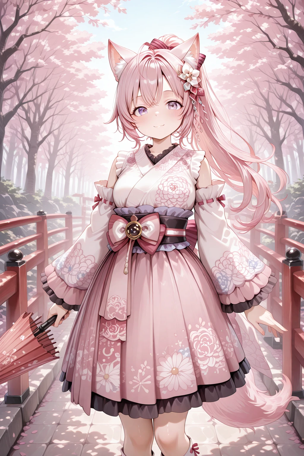 masterpiece, best quality, amazing quality, 1girl, solo, makeup, general, looking at viewer, blush, highres, cowboy shot, standing, outdoors, smile, cherry blossoms, bridge, holding oil-paper umbrella, <lora:Hololive_Koyorin:1>, Hololive_Koyorin, long hair, animal ears, pink hair, purple eyes, antenna hair, ahoge, hexagon hair ornament, hair between eyes, tail, breasts, pink nails, ponytail, white kimono, pink kimono, print kimono, sleeveless kimono, frilled kimono, pleated skirt, frilled skirt, pink skirt, long skirt, detached sleeves, wide sleeves, ribbon-trimmed sleeves, frilled sleeves, white socks, kneehighs, black footwear, zouri, obi, sash, waist bow, pink bow, hair bow, ribbon trim, flower, floral print, kanzashi, <lora:wai-2Rectified-V140:1>, <lora:illustrious_noobai_epsilon_pred_1_masterpieces_v1:1>