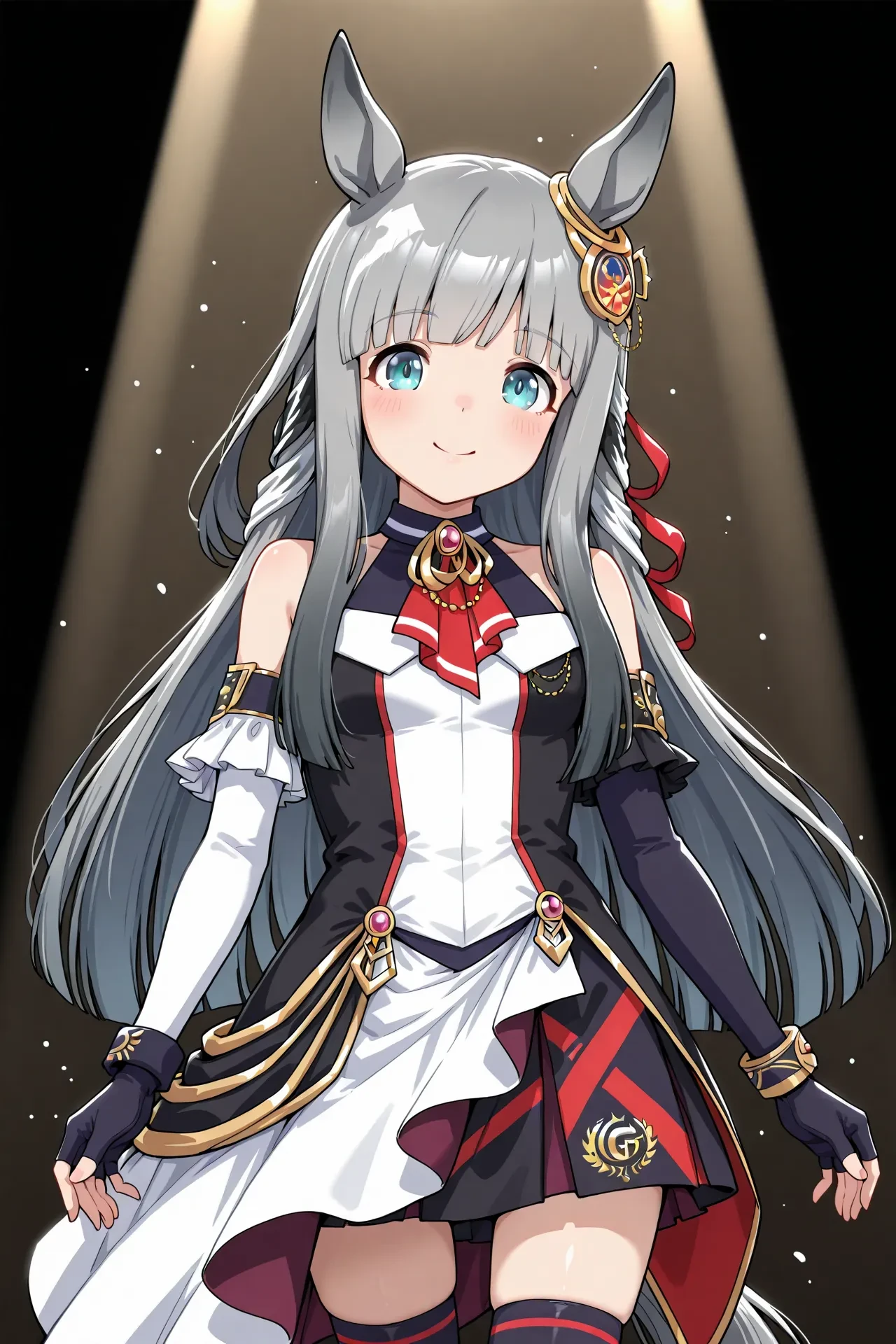 chrono genesis \(umamusume\),grey hair,bangs,blunt bangs,eyebrows visible through hair,long hair,hair ornament,very long hair,streaked hair,white hair,aqua eyes,race costume,bare shoulders,black gloves,elbow gloves,gloves,jewelry,thighhighs,jewelry,skirt,black dress,white dress,white clothes around waist,<lora:chrono genesis v3:0.8>,, 1girl,solo,smile,looking at viewer,cowboy shot,pose,spotlight,